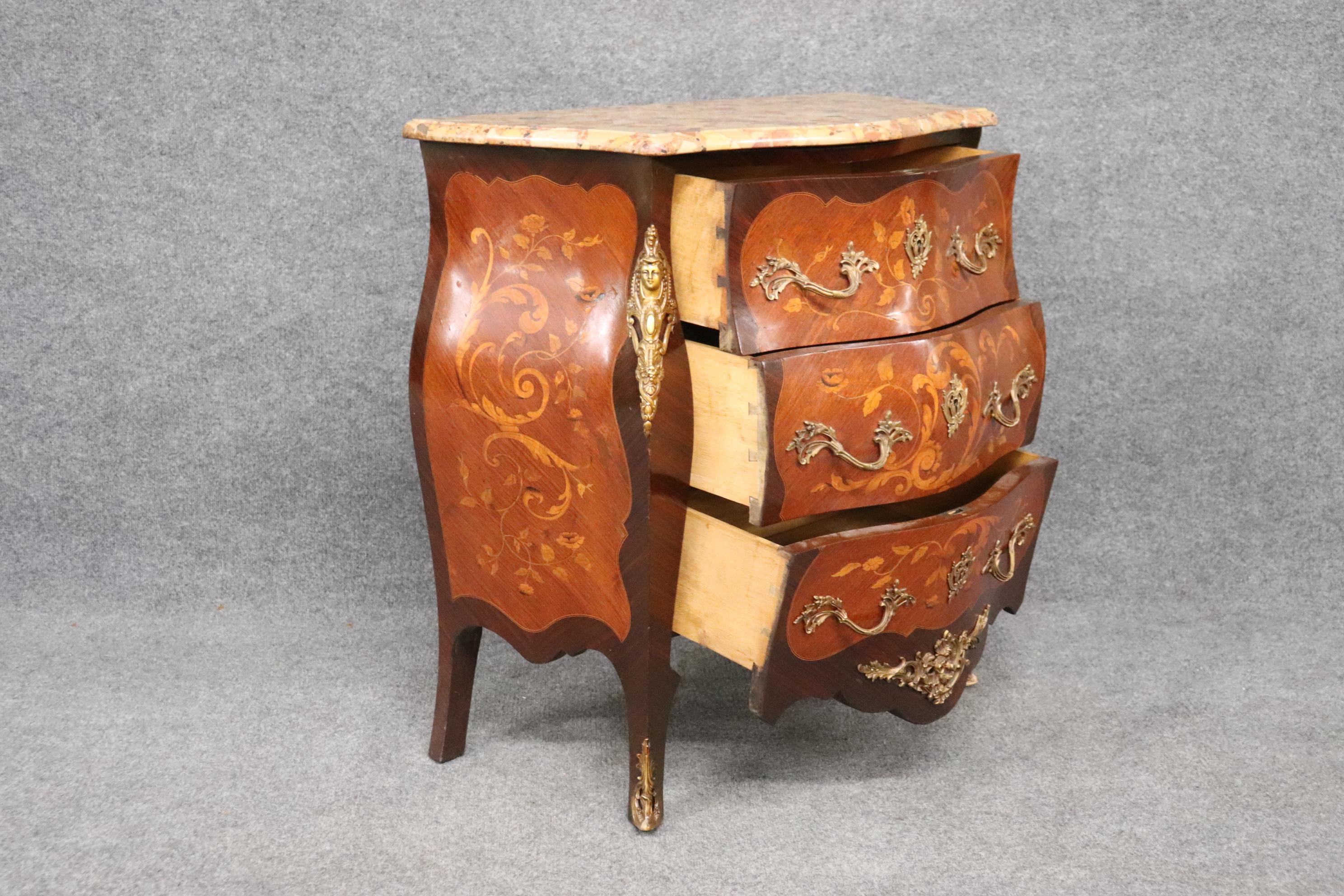 Fine Quality Figural Bronze Inlaid walnut Marble Top Louis XV commode Circa 1910 For Sale 4