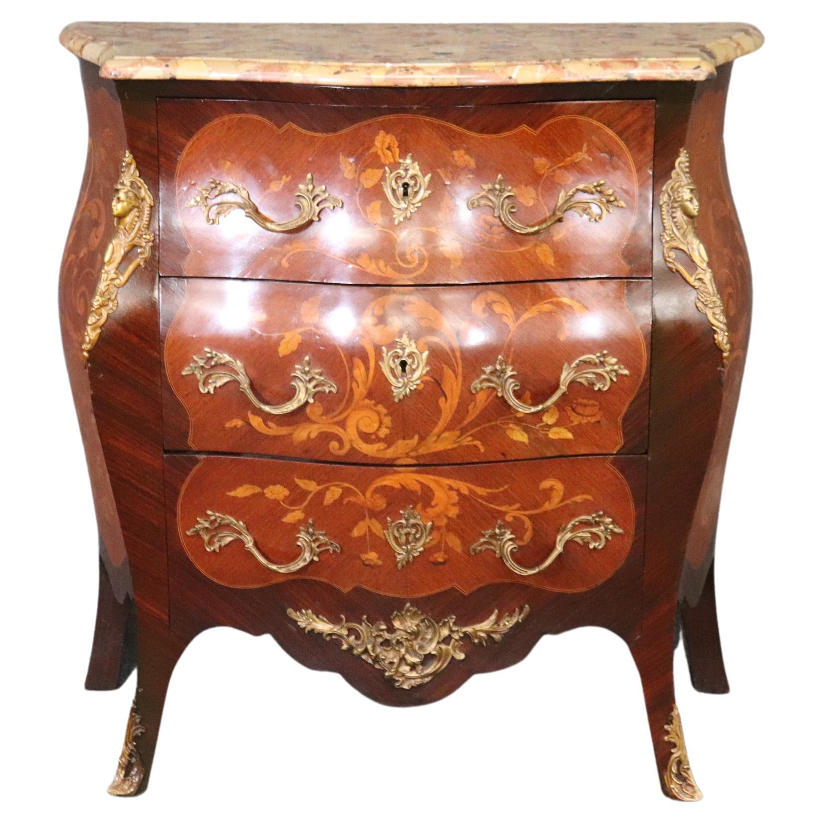 Fine Quality Figural Bronze Inlaid walnut Marble Top Louis XV commode Circa 1910 For Sale