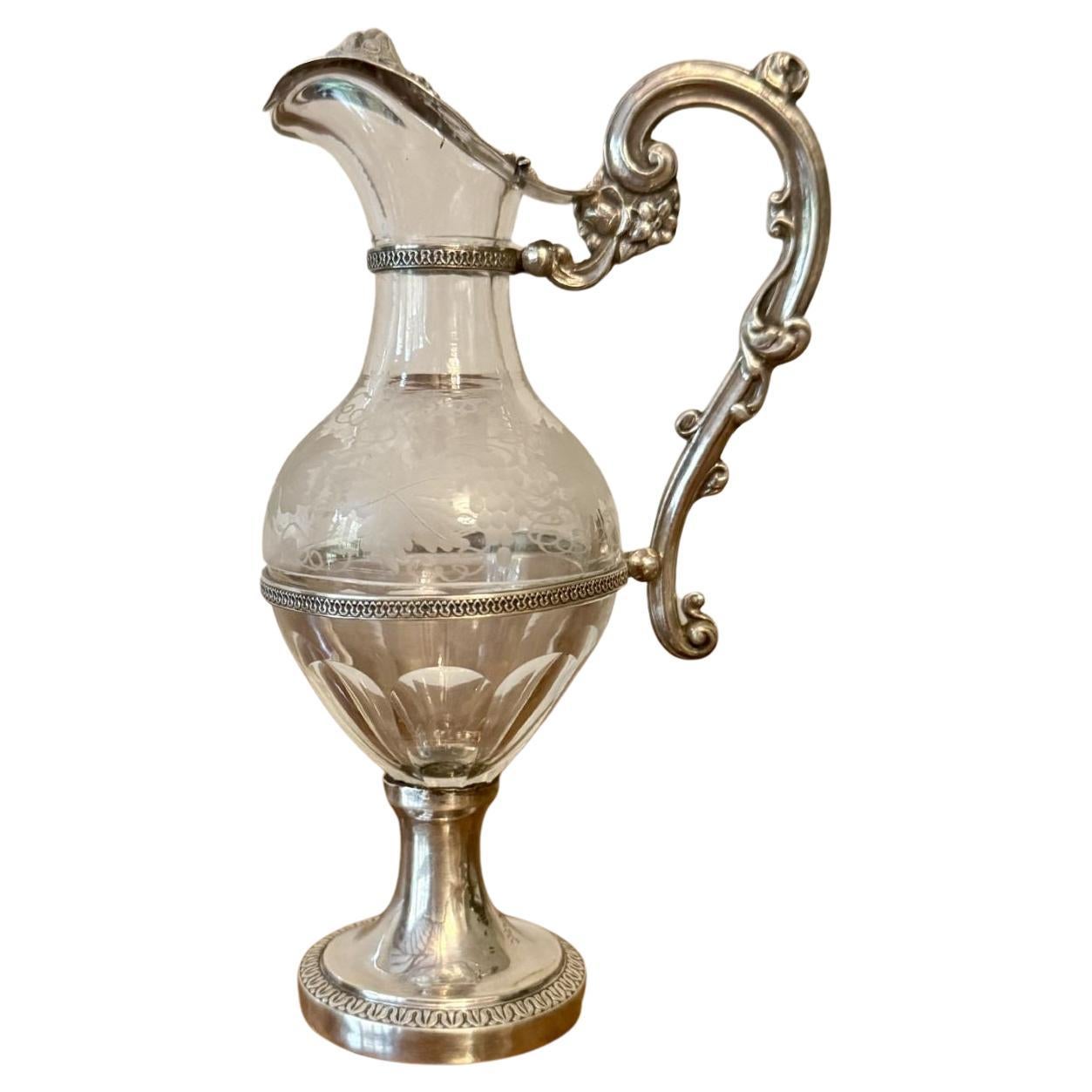 Aiguière en verre et en argent du 19e siècle, ancienne et française, de belle qualité