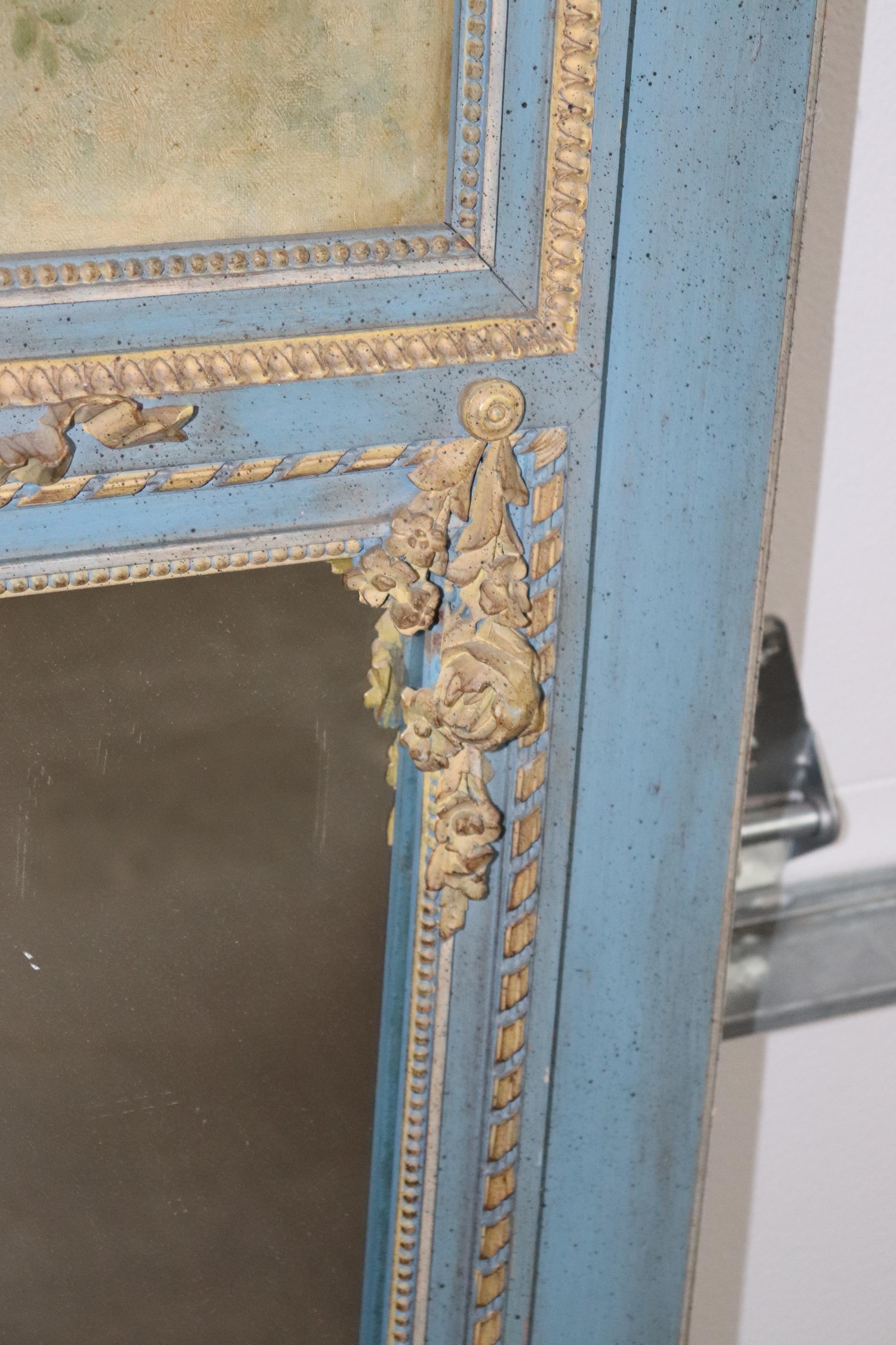 Fine Quality French Blue and White Painted Trumeau Mirror with Oil Painting 9
