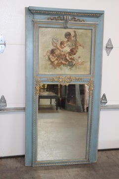 Fine Quality French Blue and White Painted Trumeau Mirror with Oil Painting