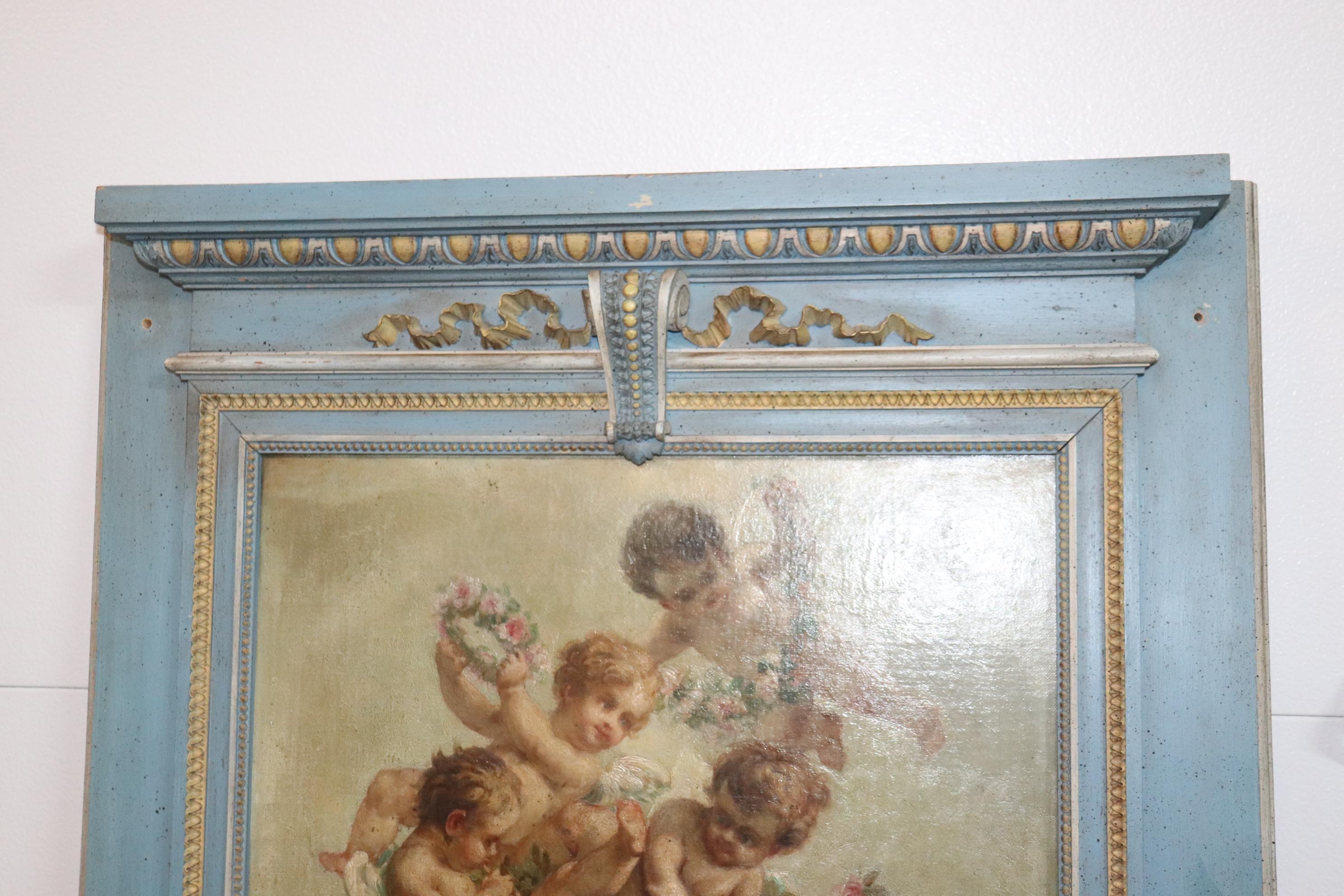 Fine Quality French Blue and White Painted Trumeau Mirror with Oil Painting In Good Condition In Swedesboro, NJ