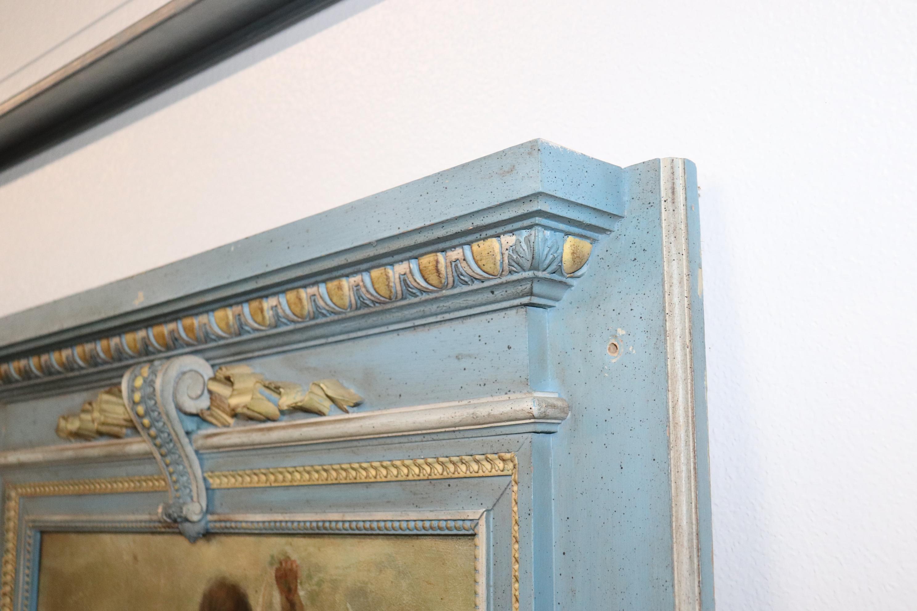 Mid-20th Century Fine Quality French Blue and White Painted Trumeau Mirror with Oil Painting