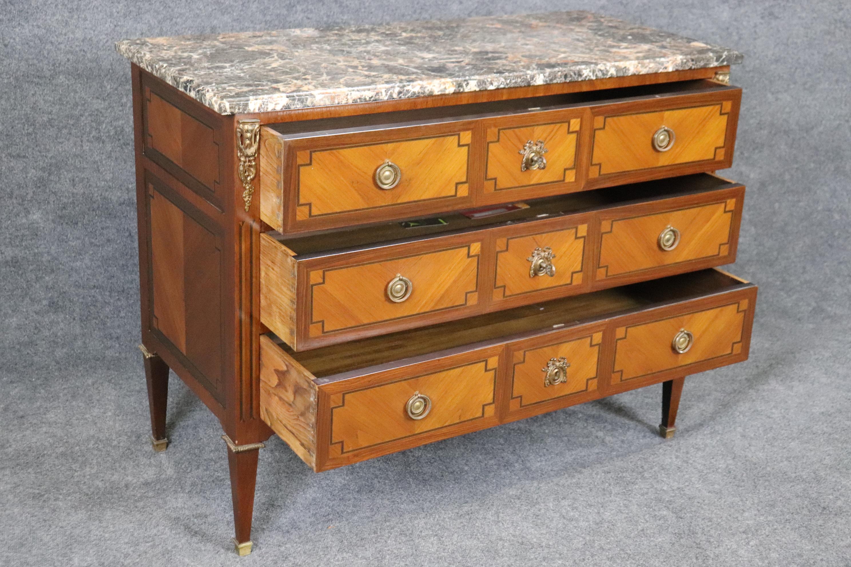 Directoire Fine Quality French Bronze Mounted Marble Top Three Drawer Commode Dresser For Sale