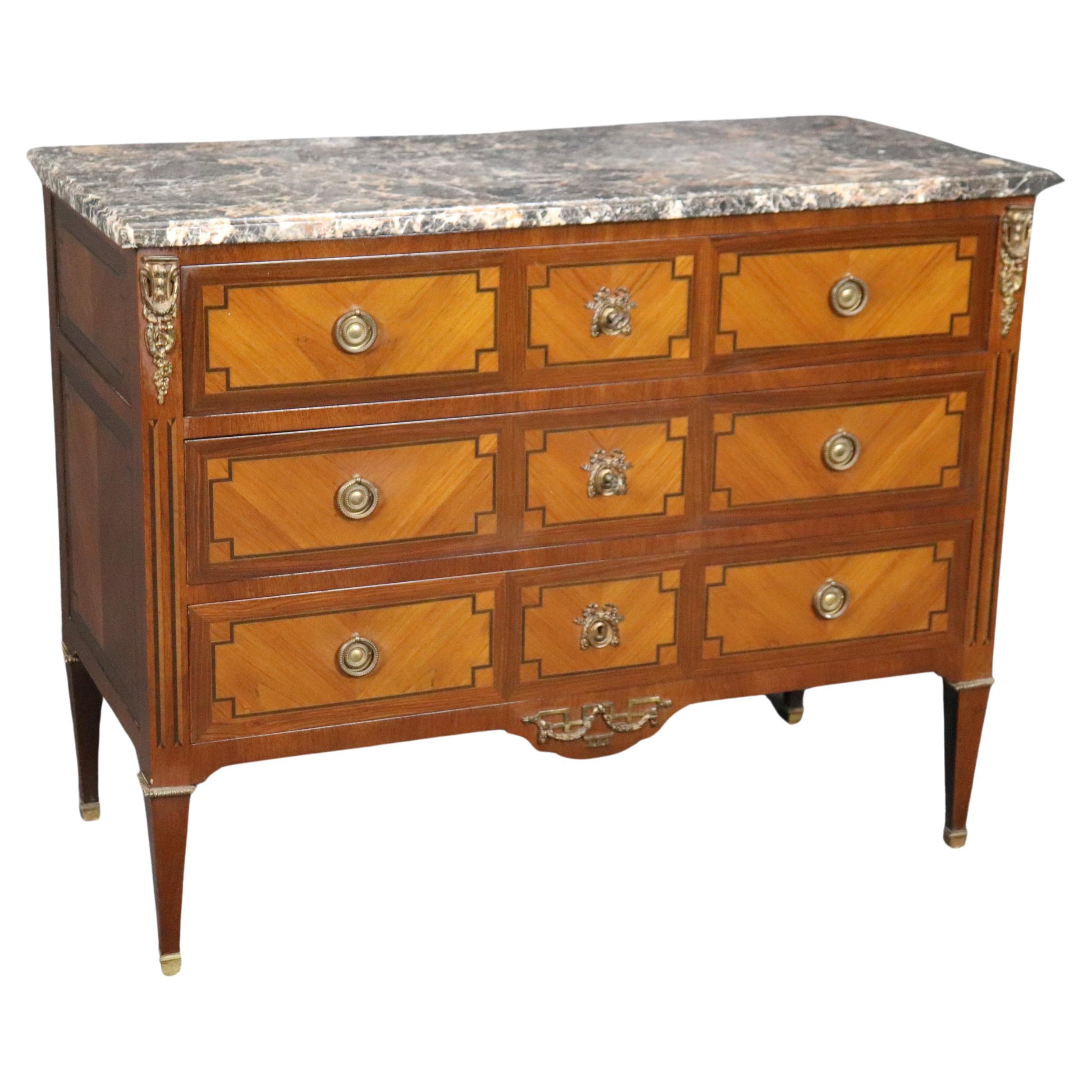 Fine Quality French Bronze Mounted Marble Top Three Drawer Commode Dresser For Sale