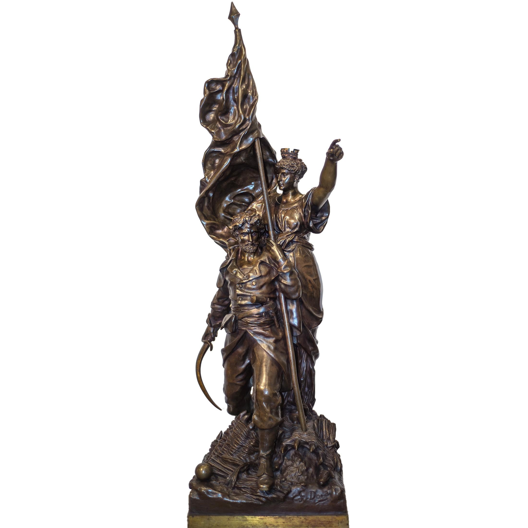 Künstler: Gustave Doré (1832-1883)
Herkunft: Französisch
Datum: 19. Jahrhundert
Abmessungen: 39 1/4 x 12 x 13 1/2 Zoll

Anmerkungen:
Der patriotische Soldat, der eine Fahne und ein Schwert in der Hand hält, und eine Frau mit einer Krone auf