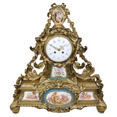 Fine Quality French Bronze Sevres Style Figural Placques Adorned Mantel Clock