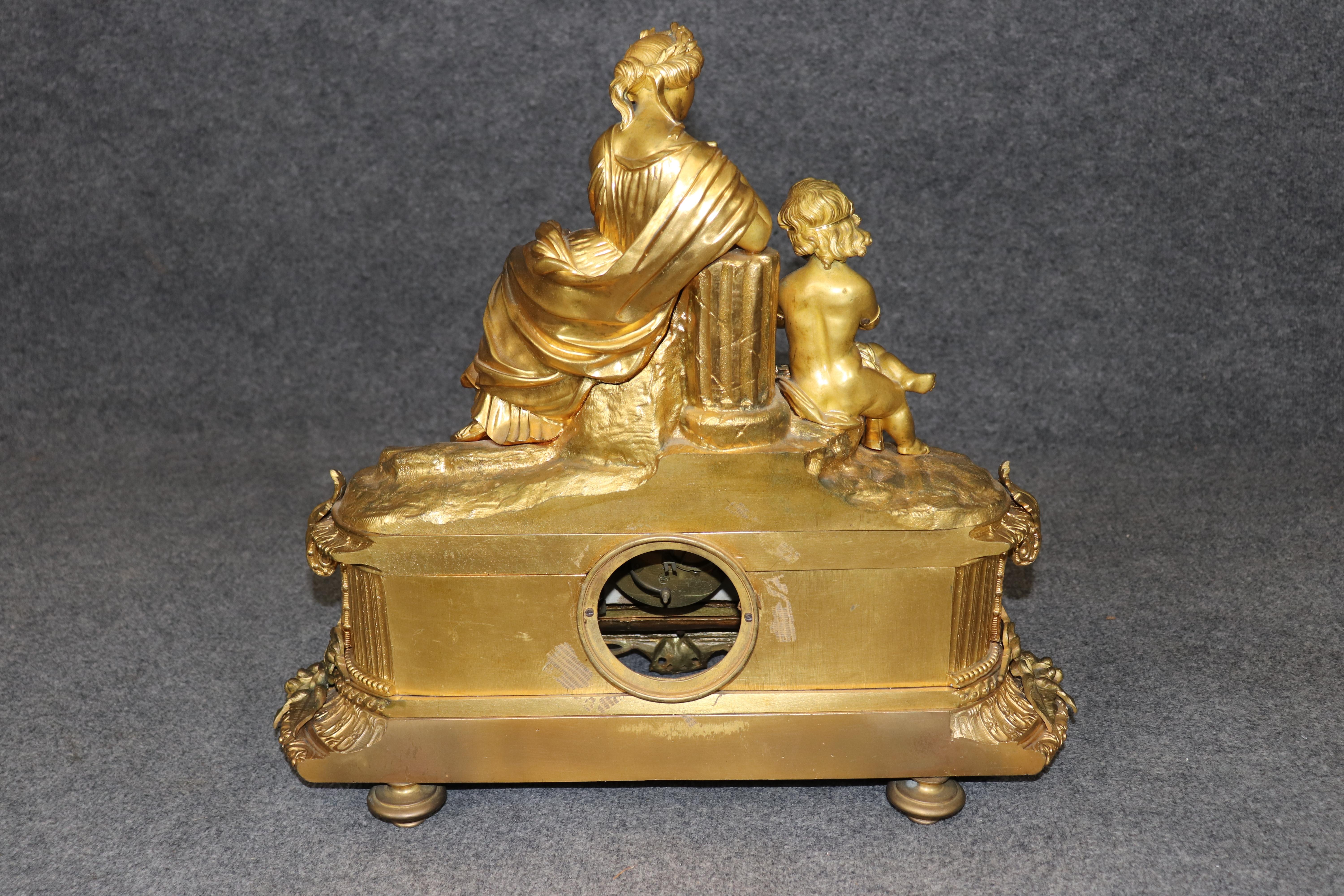 Fine Quality French Dore' Bronze Figural Mantel Clock with Sevres Plaques In Good Condition For Sale In Swedesboro, NJ
