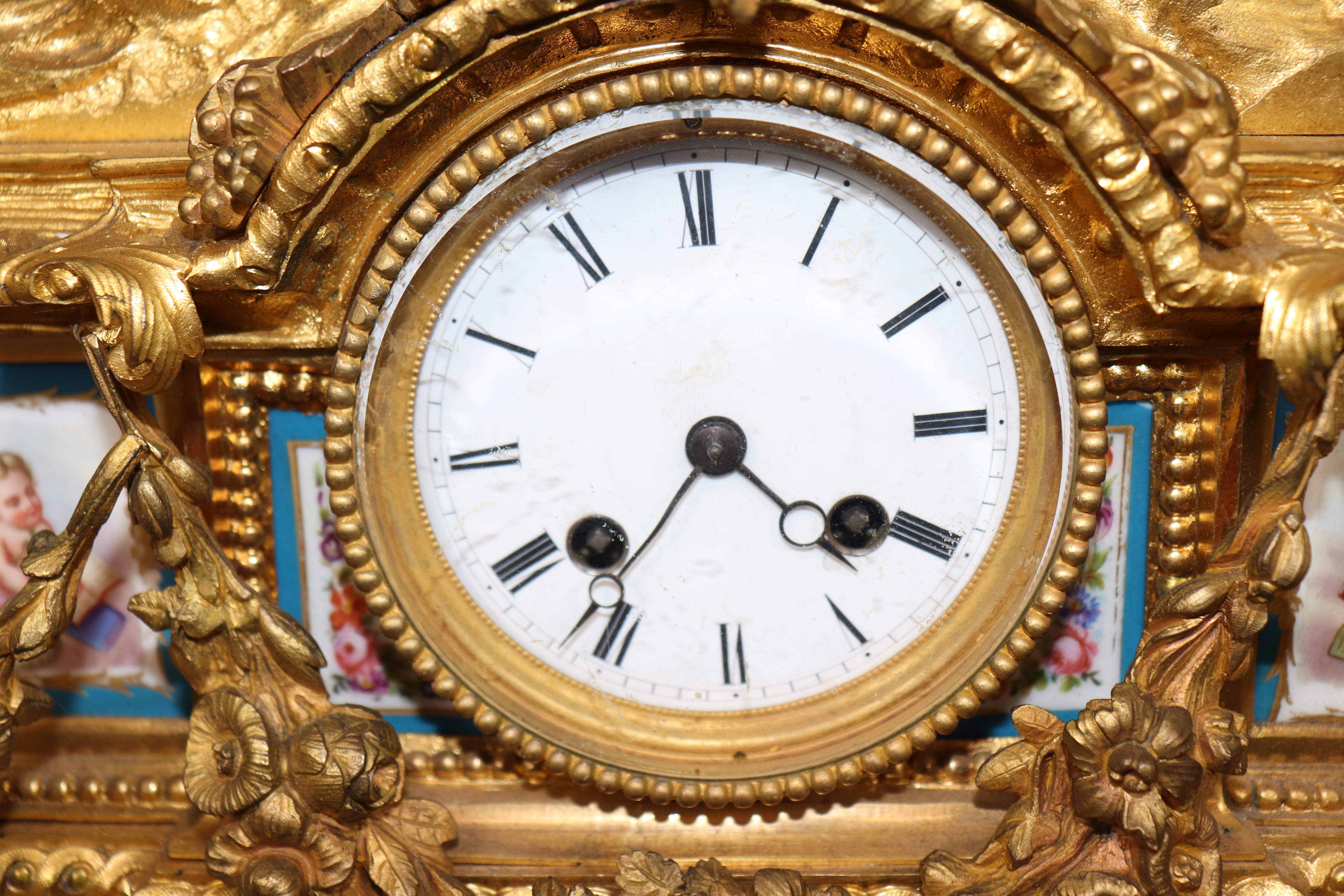 Fine Quality French Dore' Bronze Figural Mantel Clock with Sevres Plaques For Sale 1