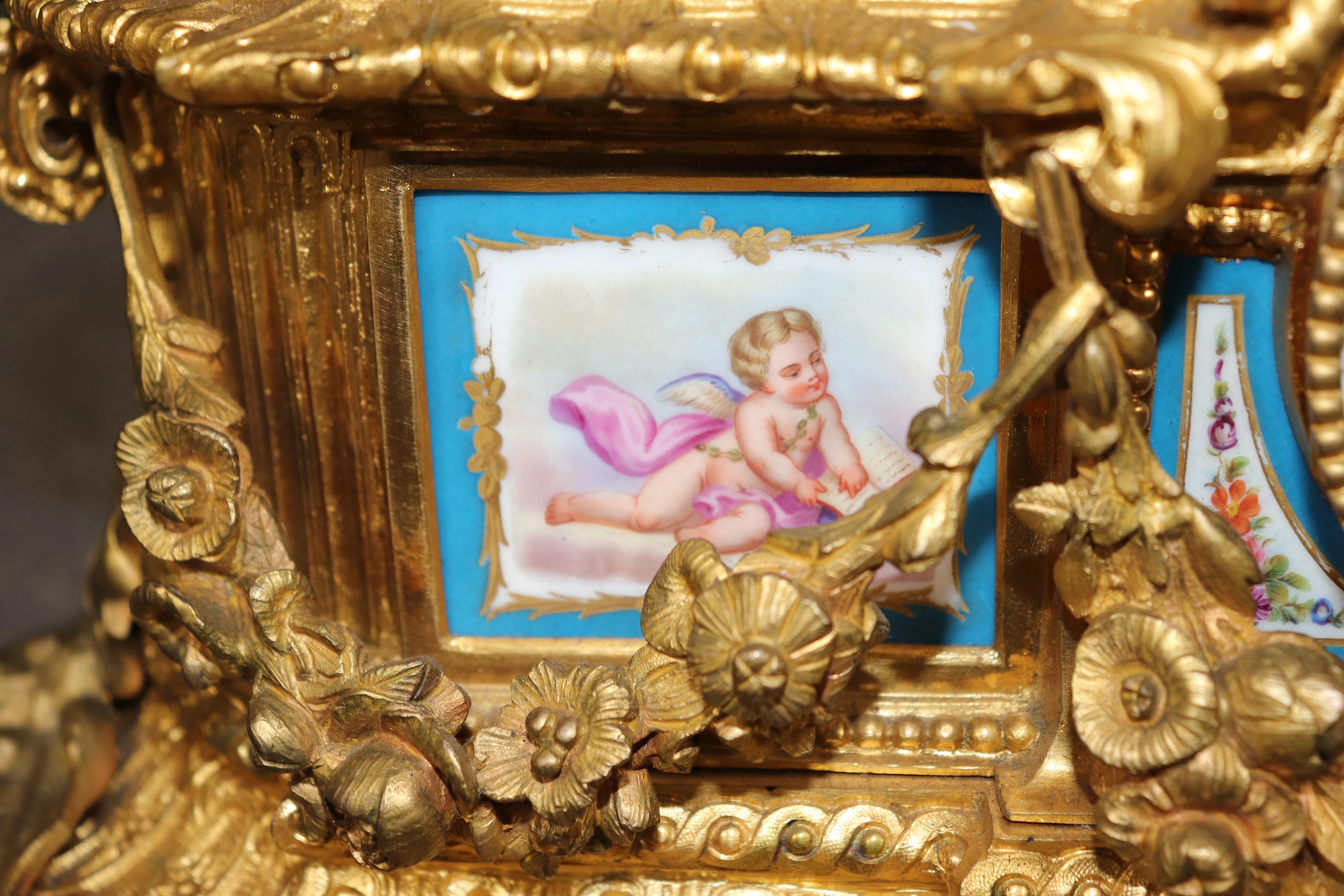Fine Quality French Dore' Bronze Figural Mantel Clock with Sevres Plaques For Sale 2