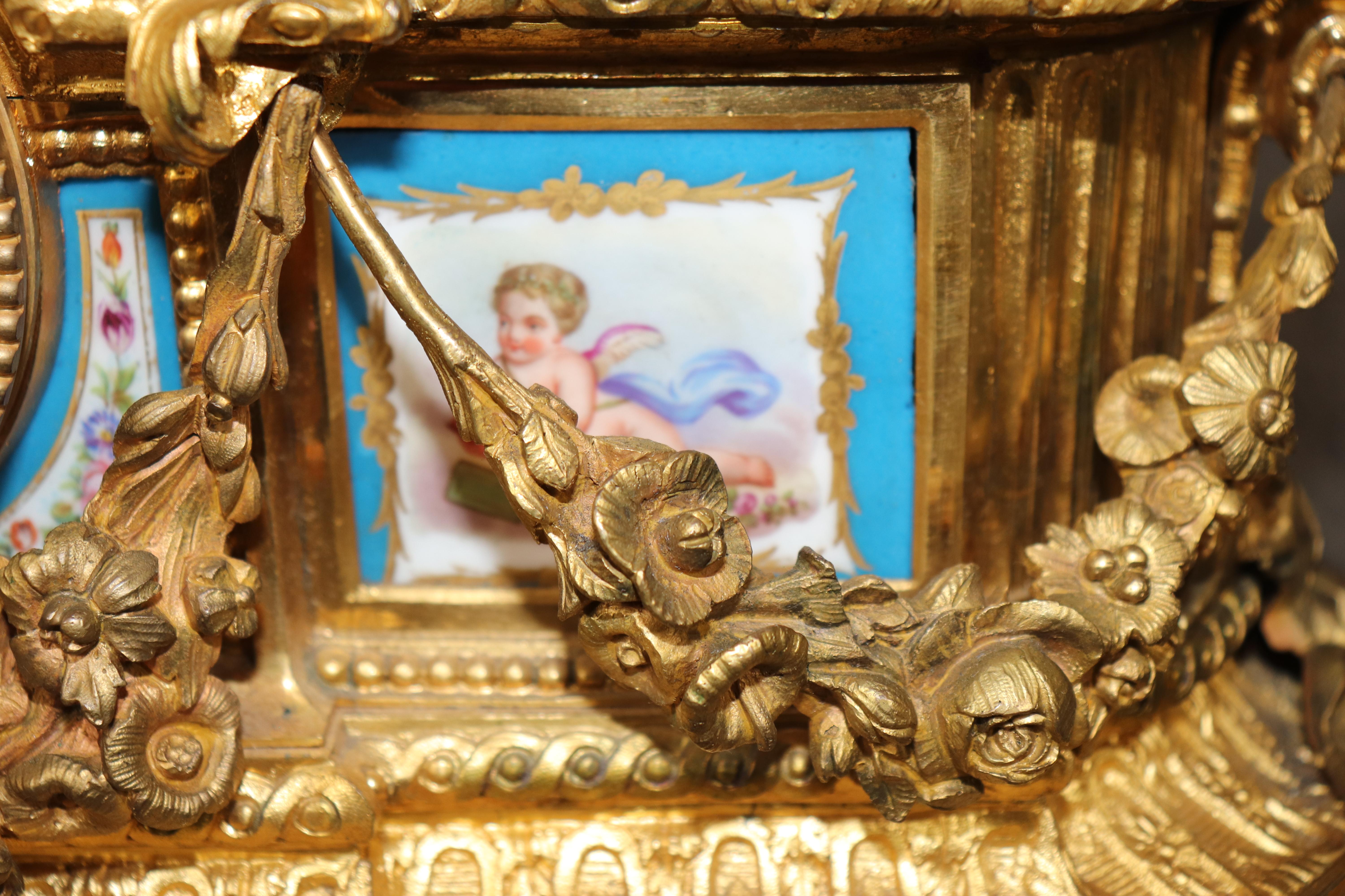 Fine Quality French Dore' Bronze Figural Mantel Clock with Sevres Plaques For Sale 3