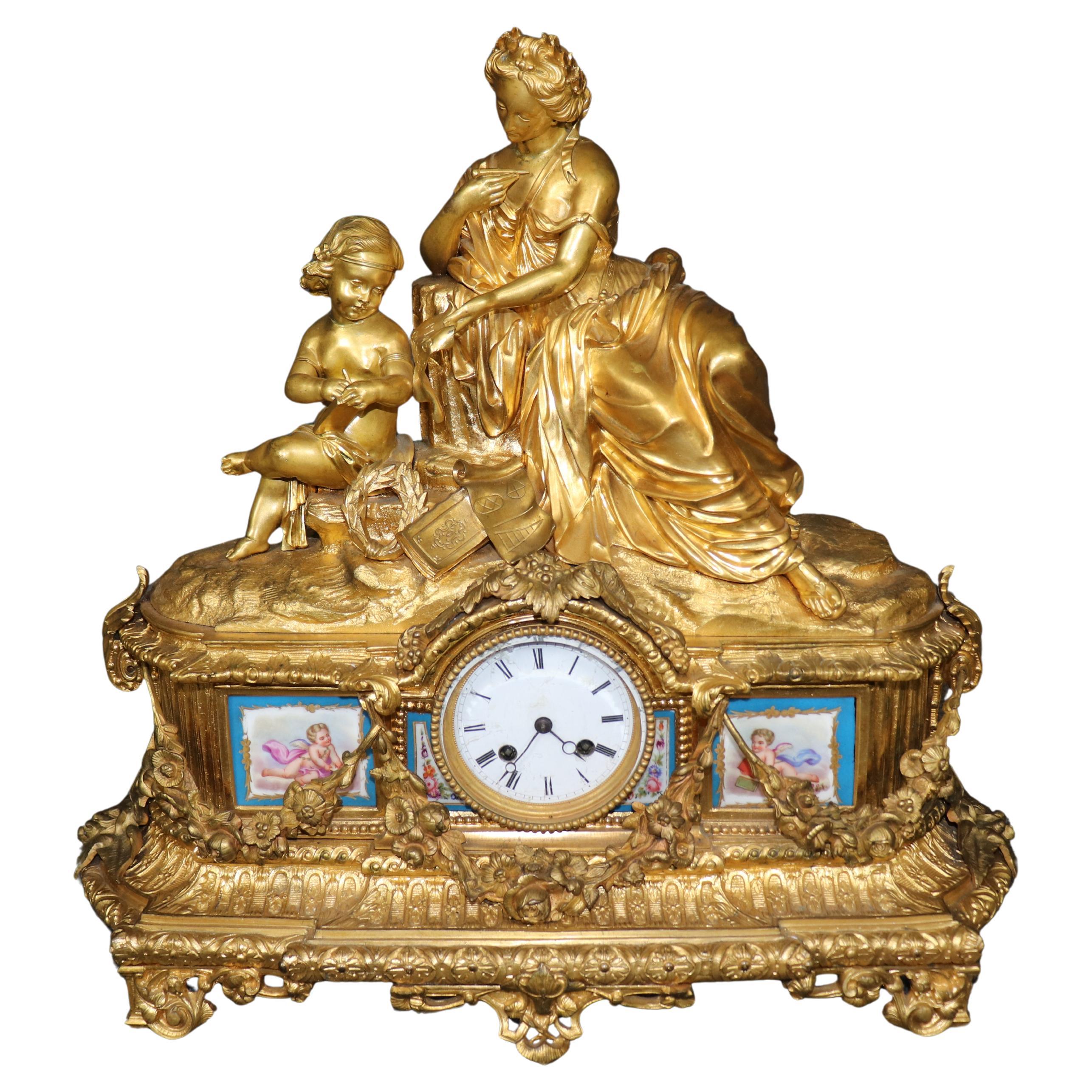 Fine Quality French Dore' Bronze Figural Mantel Clock with Sevres Plaques