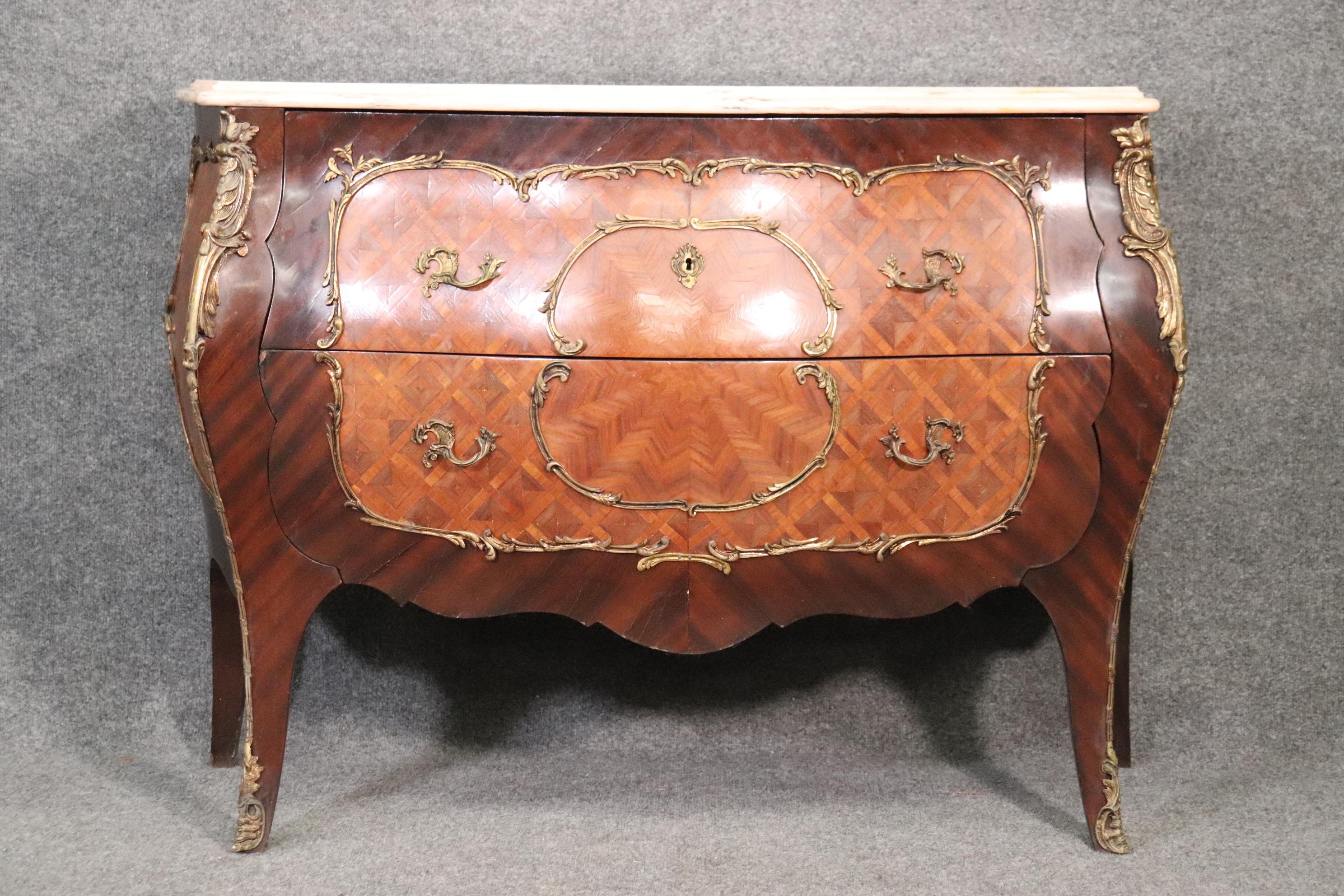 European Fine Quality French Louis XV Marble Top Rosewood and Kingwood Marquetry Commode