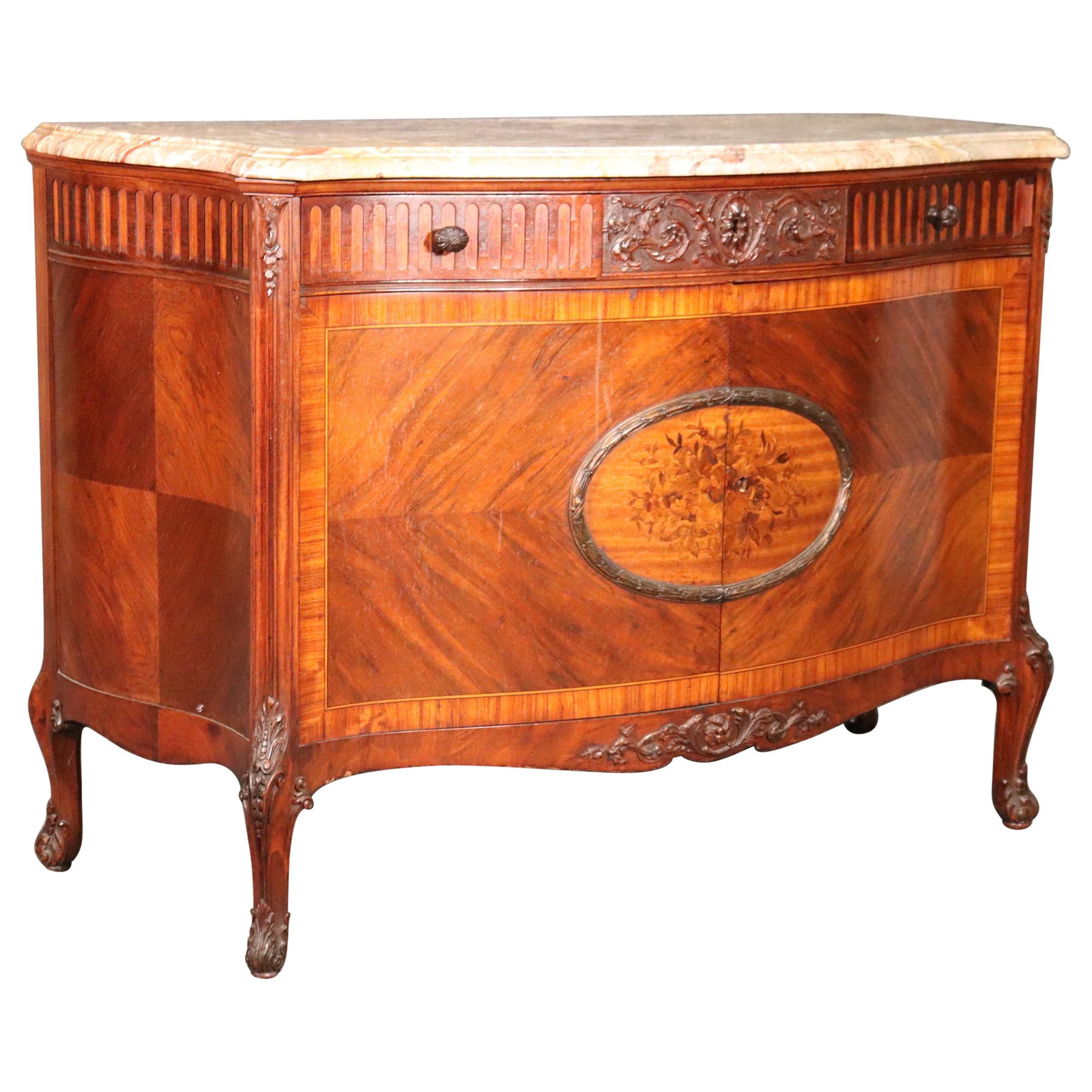 Fine Quality French Marble Top Inlaid Louis XV Commode Buffet Server, C1920s