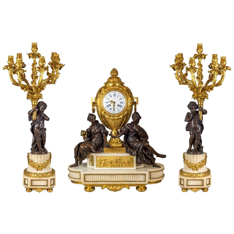 Fine Quality French Ormolu and White Marble Clock Set For Sale at 1stDibs