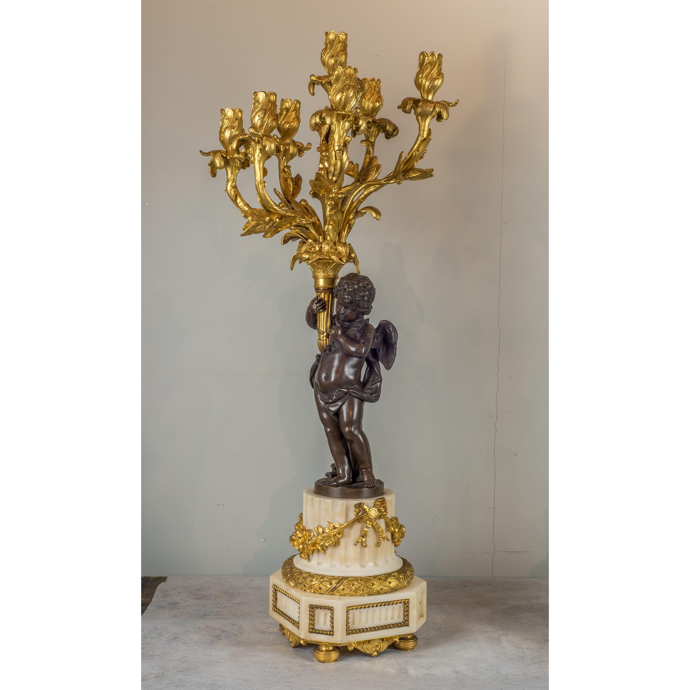 Fine Quality French Ormolu and White Marble Clock Set For Sale 5