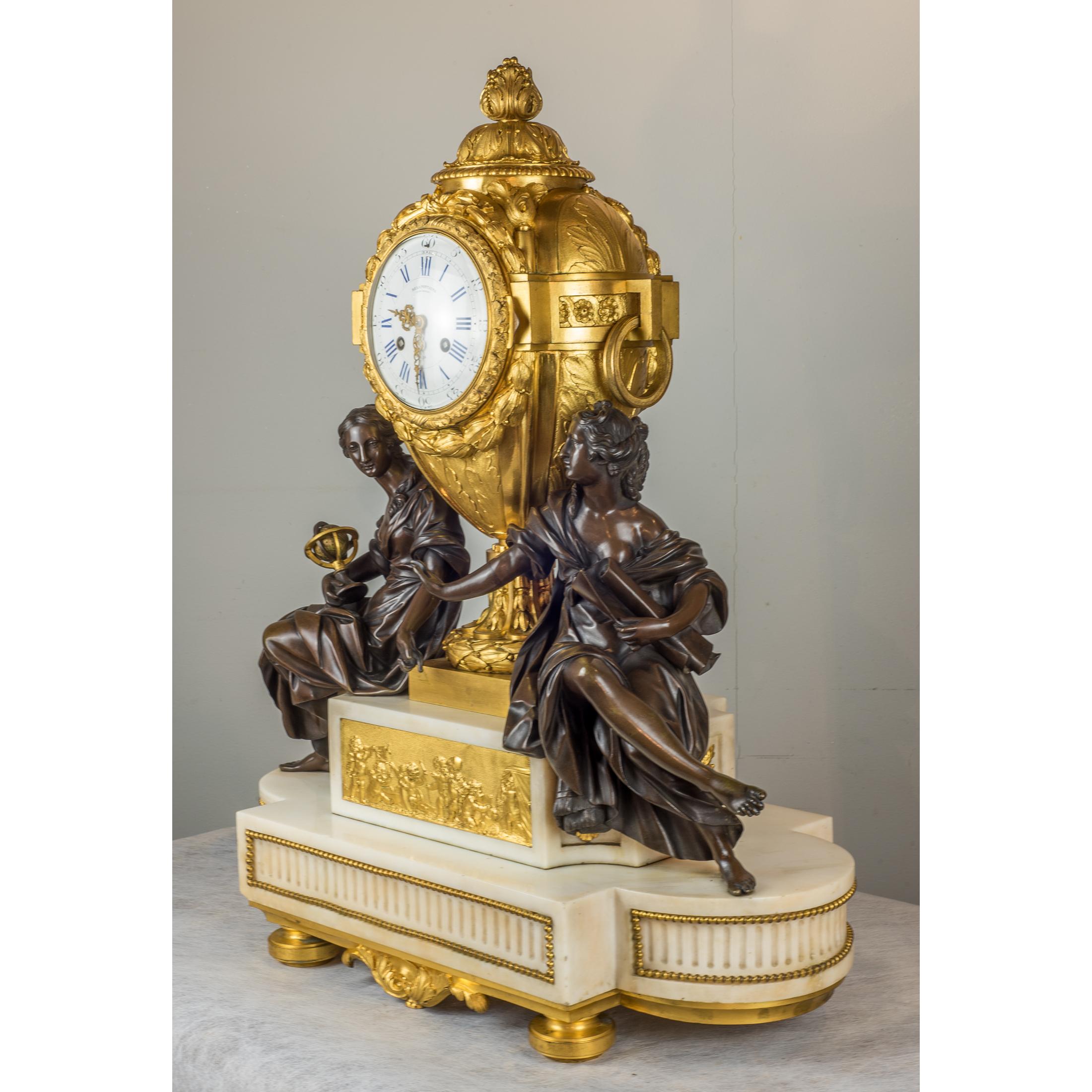 Bronze Fine Quality French Ormolu and White Marble Clock Set For Sale