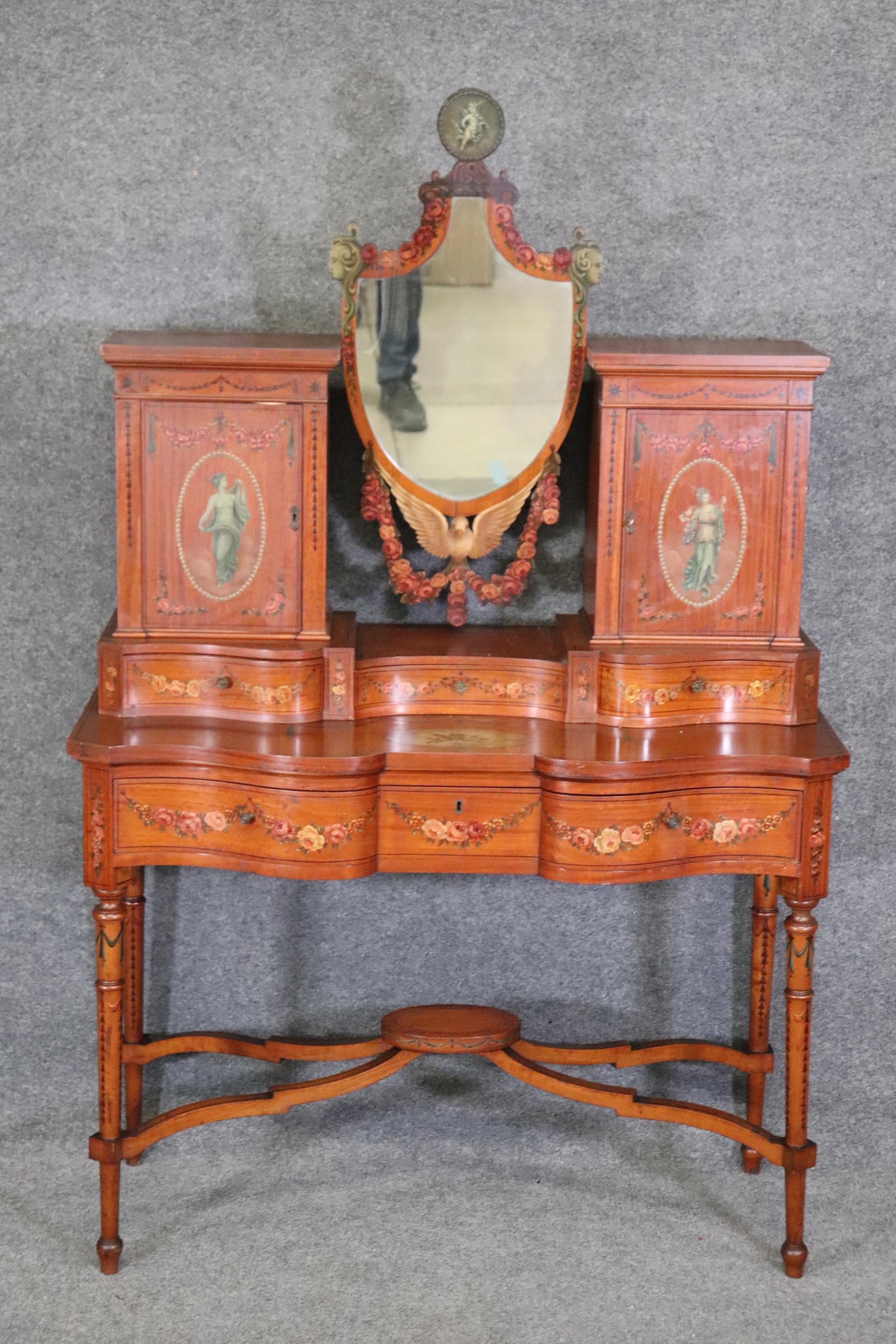 English Fine Quality Gillow & Co Satinwood Paint Decorated Ladies Vanity Circa 1890s For Sale