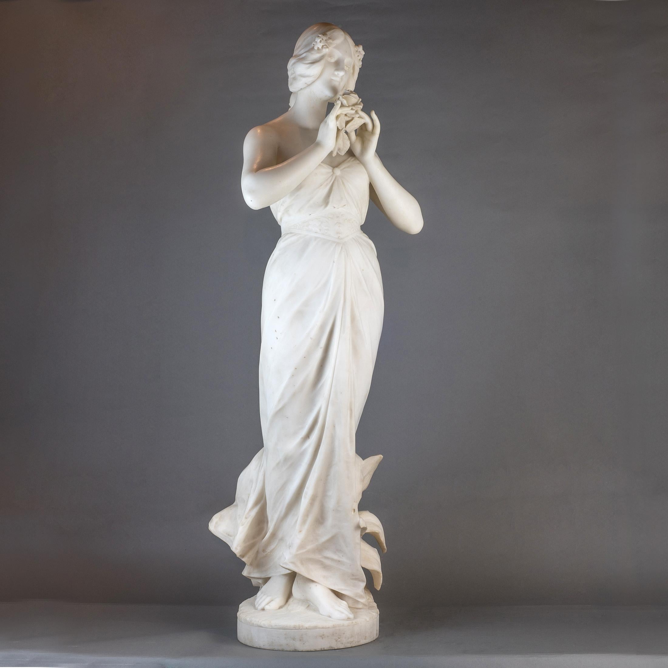Fine quality Italian carrara marble statue of a young beauty holding a rose. Signed ‘G. GAMBOGI, FIRENZE’

Maker: Giuseppe Gambogi (Italian, 1862-1938)
Date: 19th century
Dimension: 42 1/4 in. x 13 1/2 in. x 11 in.