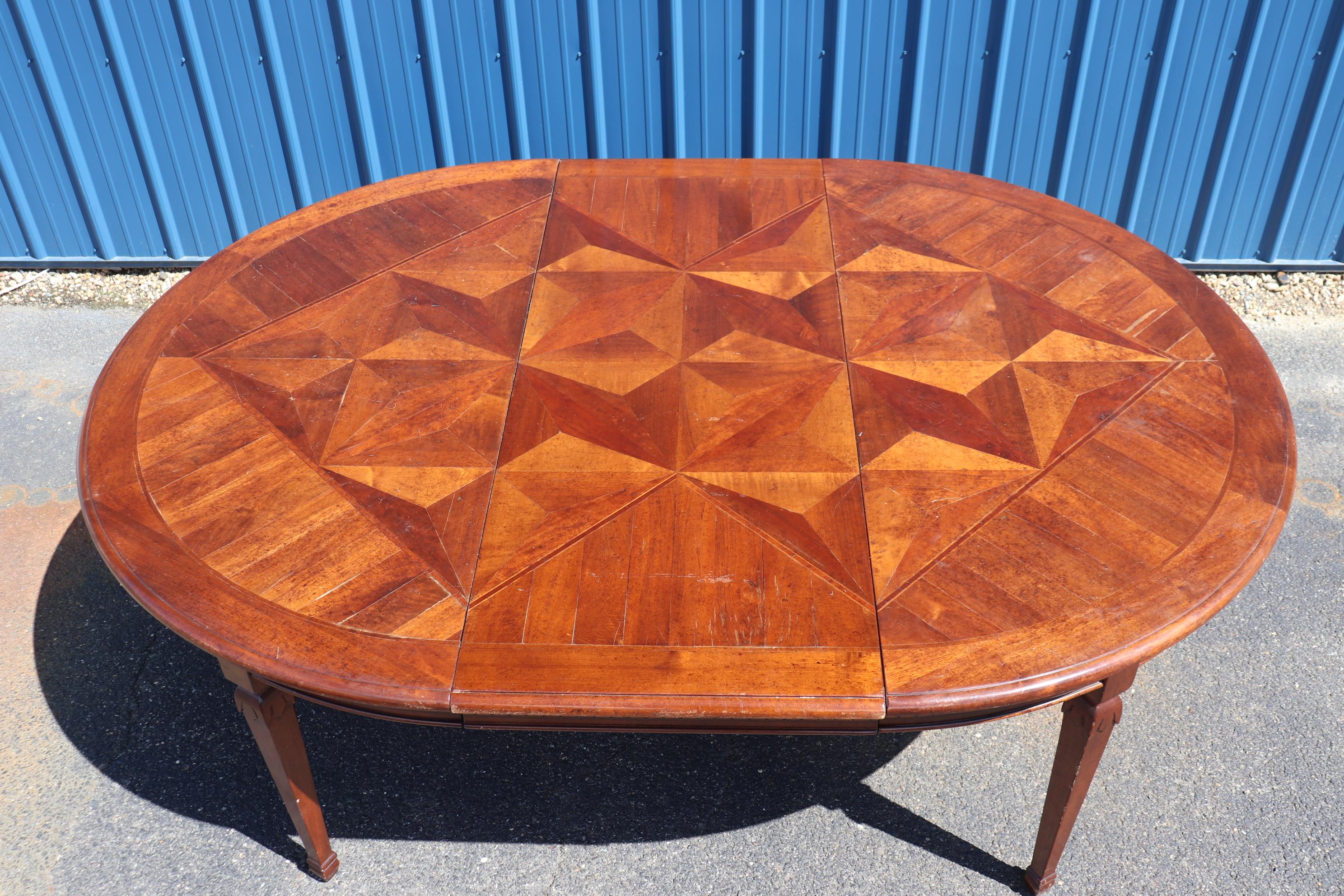 French Provincial Fine Quality Italian Provincial Paquetry Walnut Dining Table W Leaf For Sale