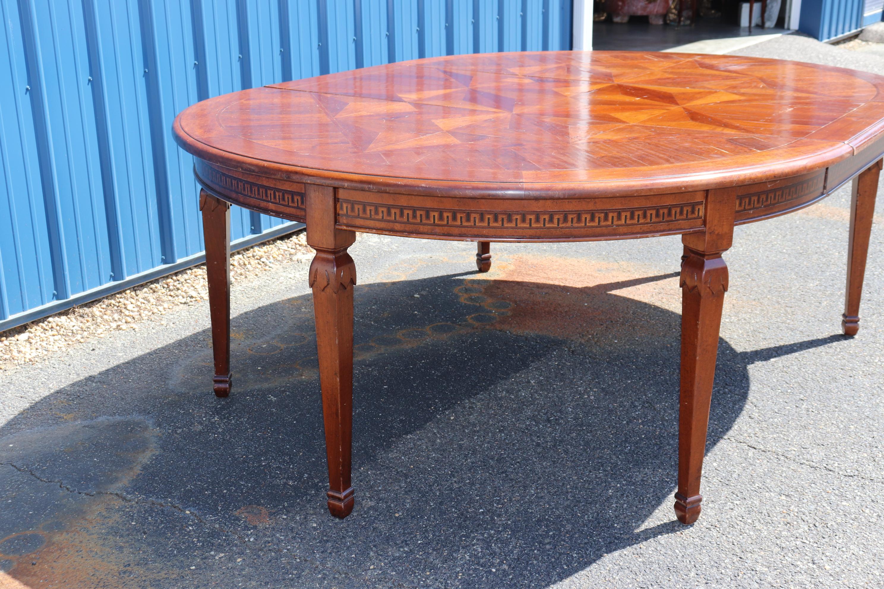 Early 20th Century Fine Quality Italian Provincial Paquetry Walnut Dining Table W Leaf For Sale