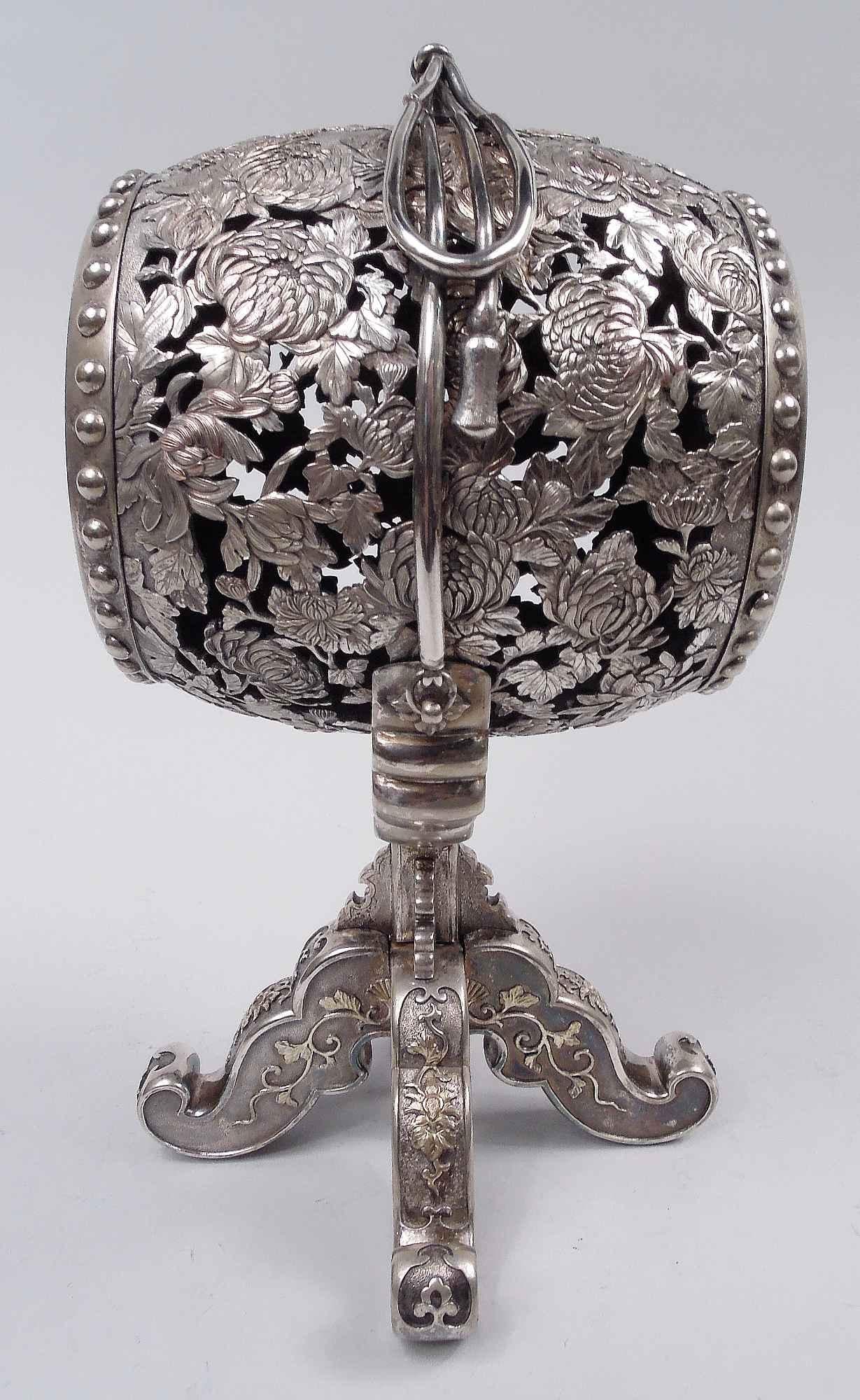 19th Century Fine Quality Japanese Meiji Chrysanthemum Silver Incense Burner For Sale