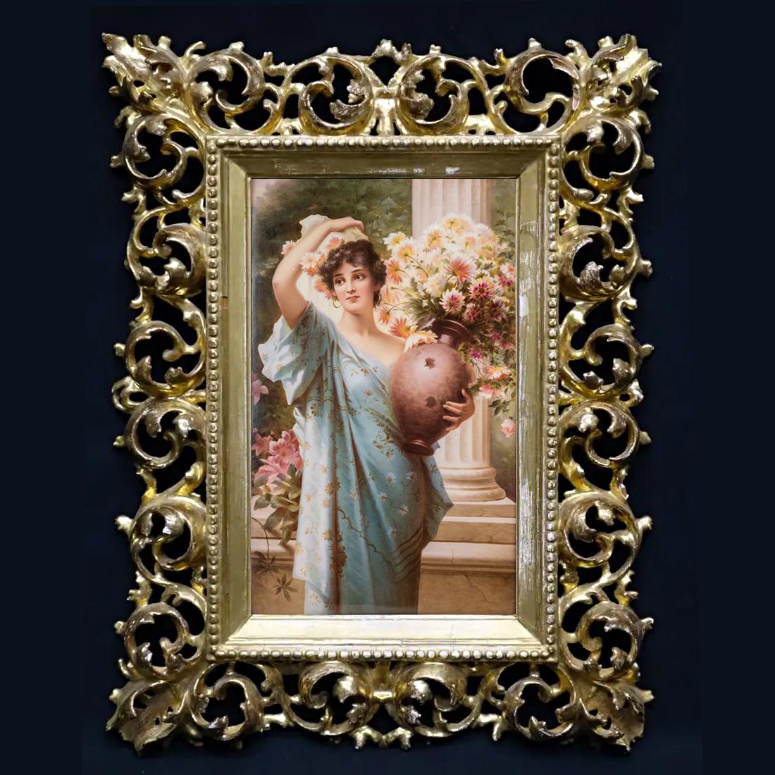 KPM porcelain plaque
German, 19th century

Beauty with flowers

Painted plaque
Measures: 13 in. x 8 in.
  