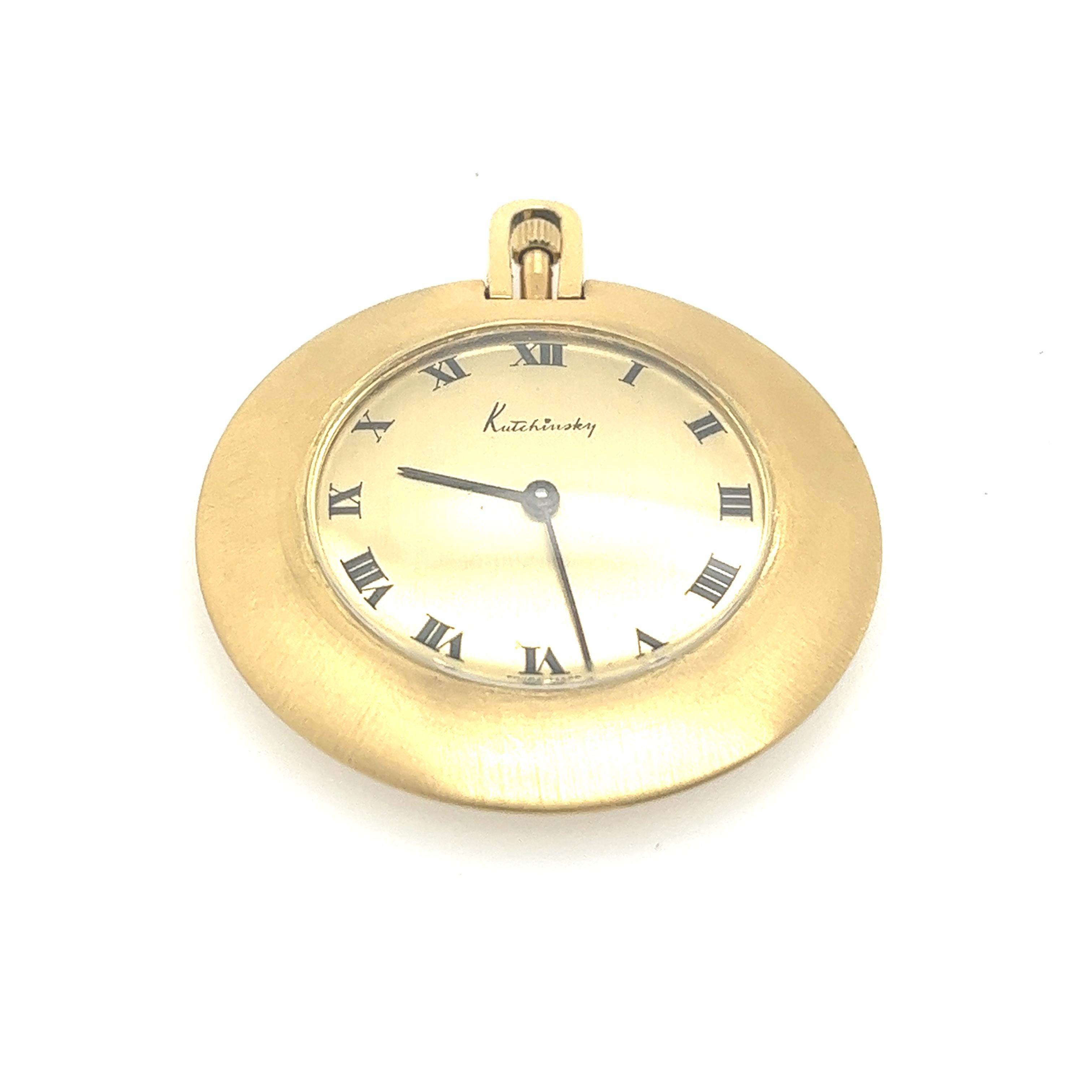 Fine Quality 18ct Yellow Gold Kutchinsky 39mm Pocket Watch In Working Condition

Additional Information:
Serial Number: 57424
Case Material: 18ct Yellow Gold
Number of Jewels: 17
Pocket Watch Size: 39mm
In good working condition.
SMS2741
