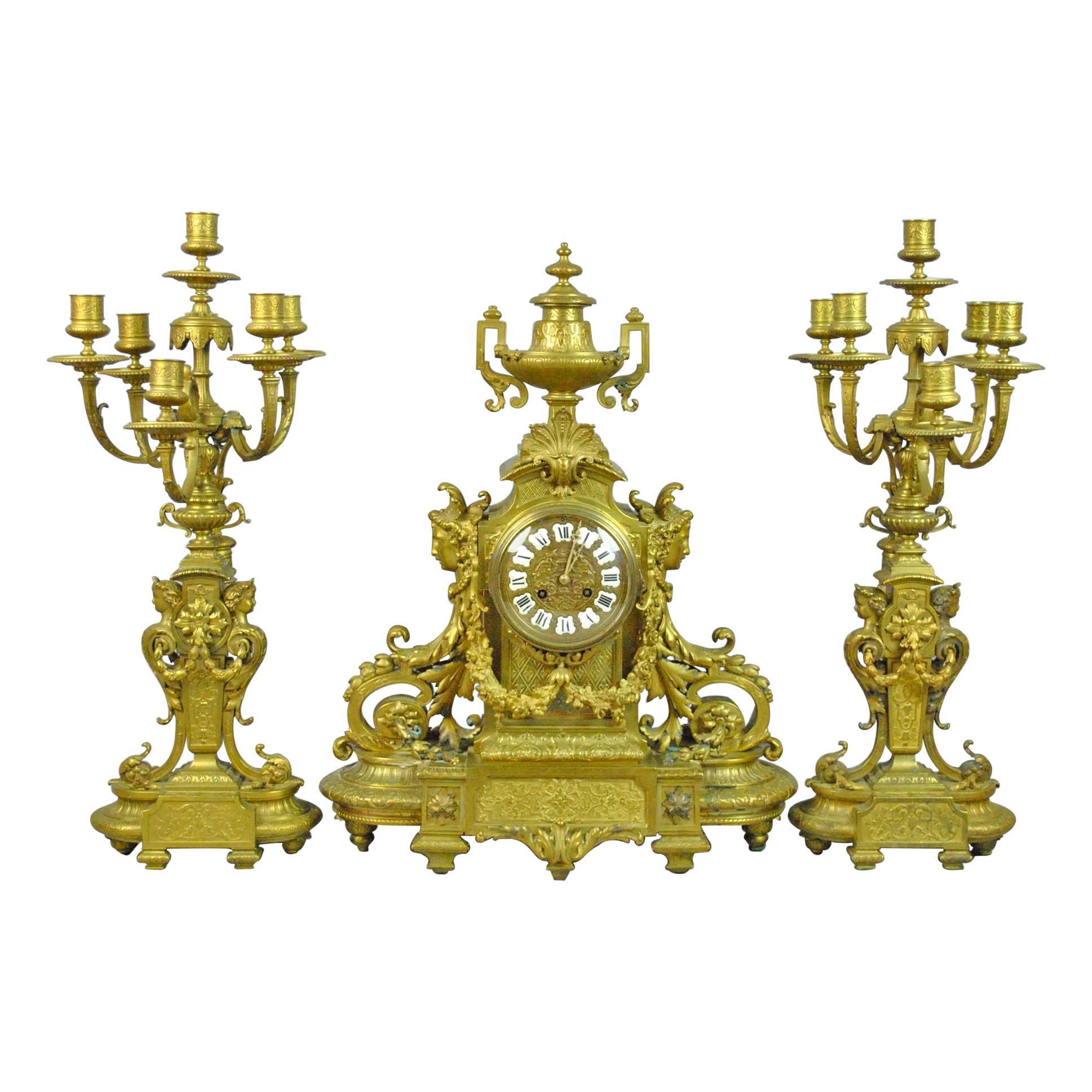 Fine Quality Large French Gilt Bronze French Clock Set