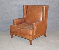 Fine Quality Leather Restoration Hardware Style Mid-Century Modern Club Armchair