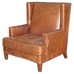 Fine Quality Leather Restoration Hardware Style Mid-Century Modern Club Armchair