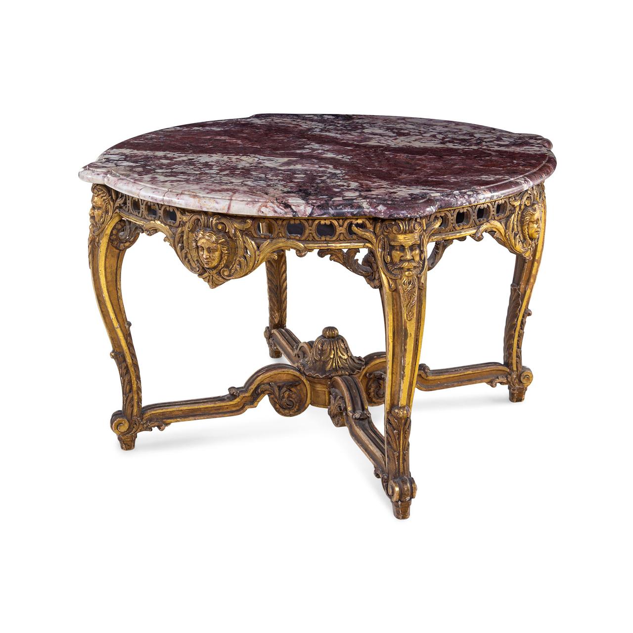 A fine quality Louis XV style marble-top giltwood center table

Origin: French
Date: 19th century
Dimension: 31 in. x 51 in.