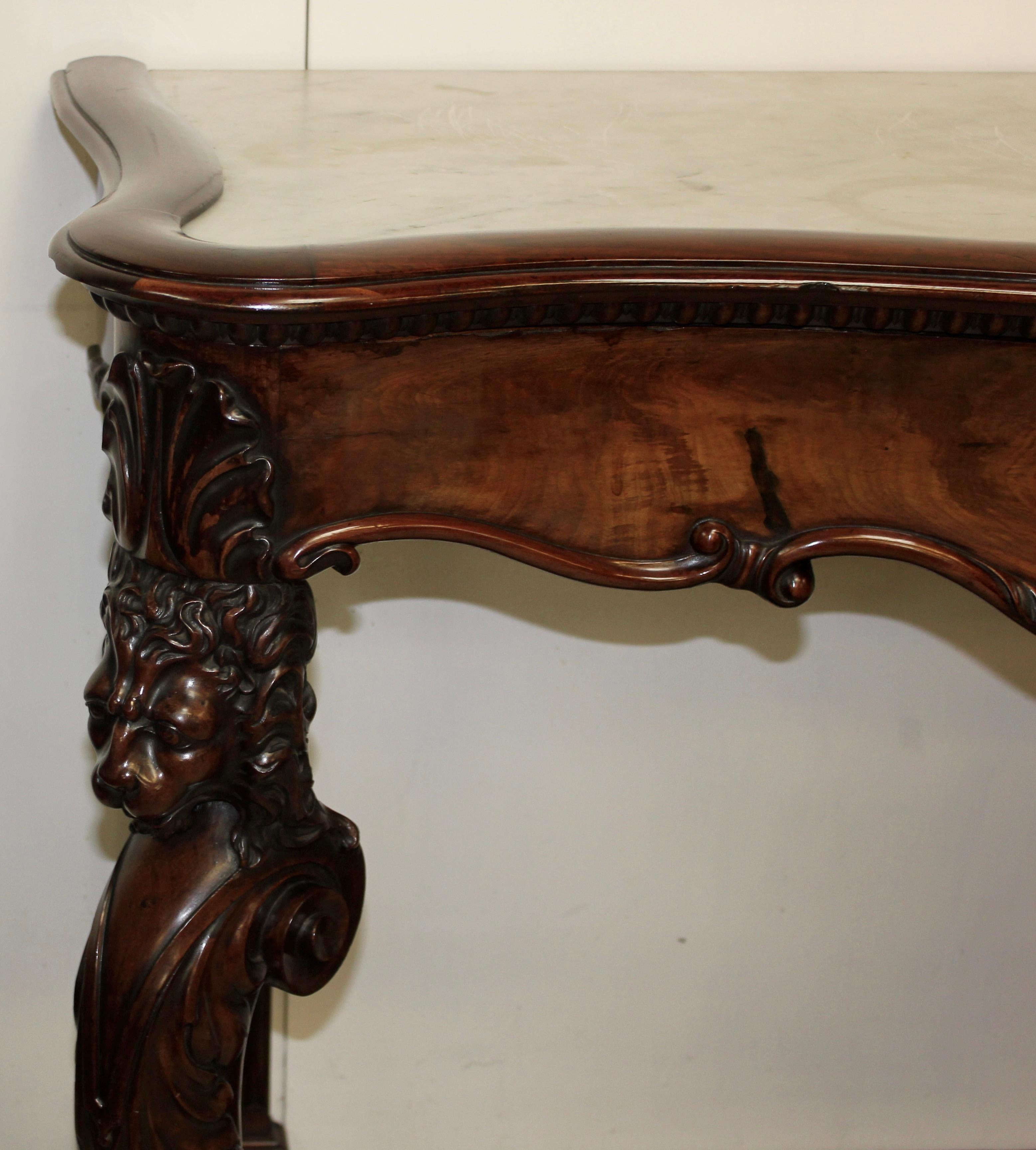 Wonderful large mahogany console table, possibly Irish, it's got great quality timber everywhere on this console table. Lots of detailing and wonderful ball and claw feet with masks and lovely fluting to the back pillars.