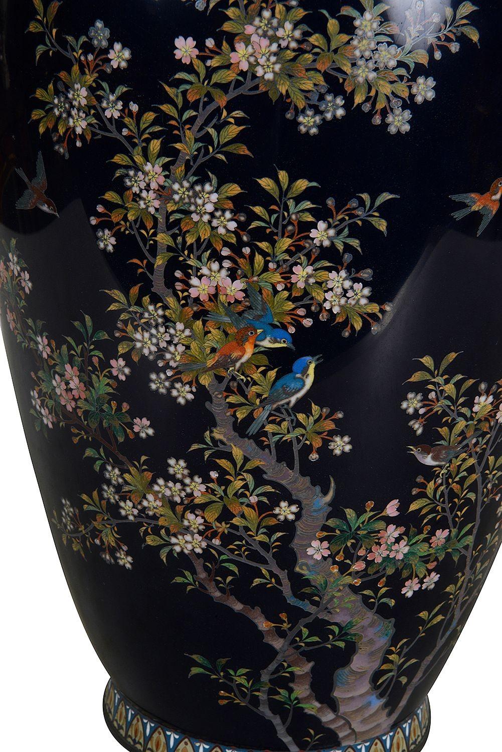 Vase en argent et émail cloisonné de la fin du XIXe siècle de la période Meiji (1868-1912), présentant un magnifique fond bleu cobalt classique, avec des oiseaux exotiques volant parmi des prunus en fleurs. Les rebords du couvercle et du pied sont
