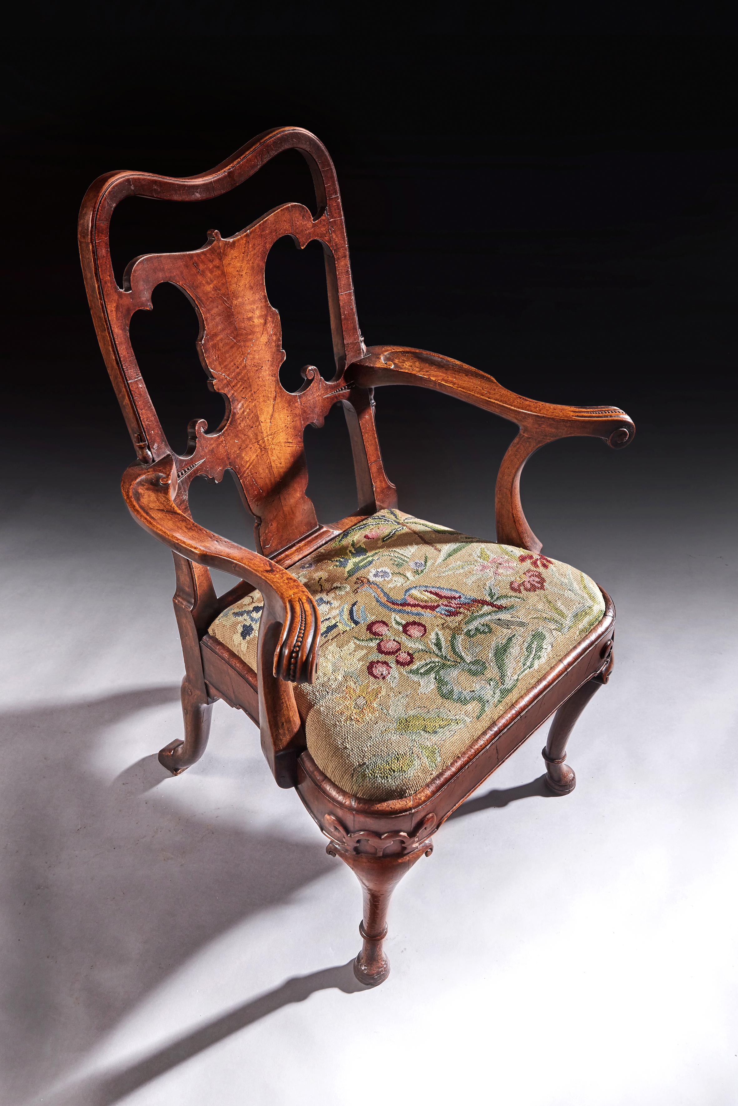 English Fine Quality Mid 19th Century Walnut Open Armchair