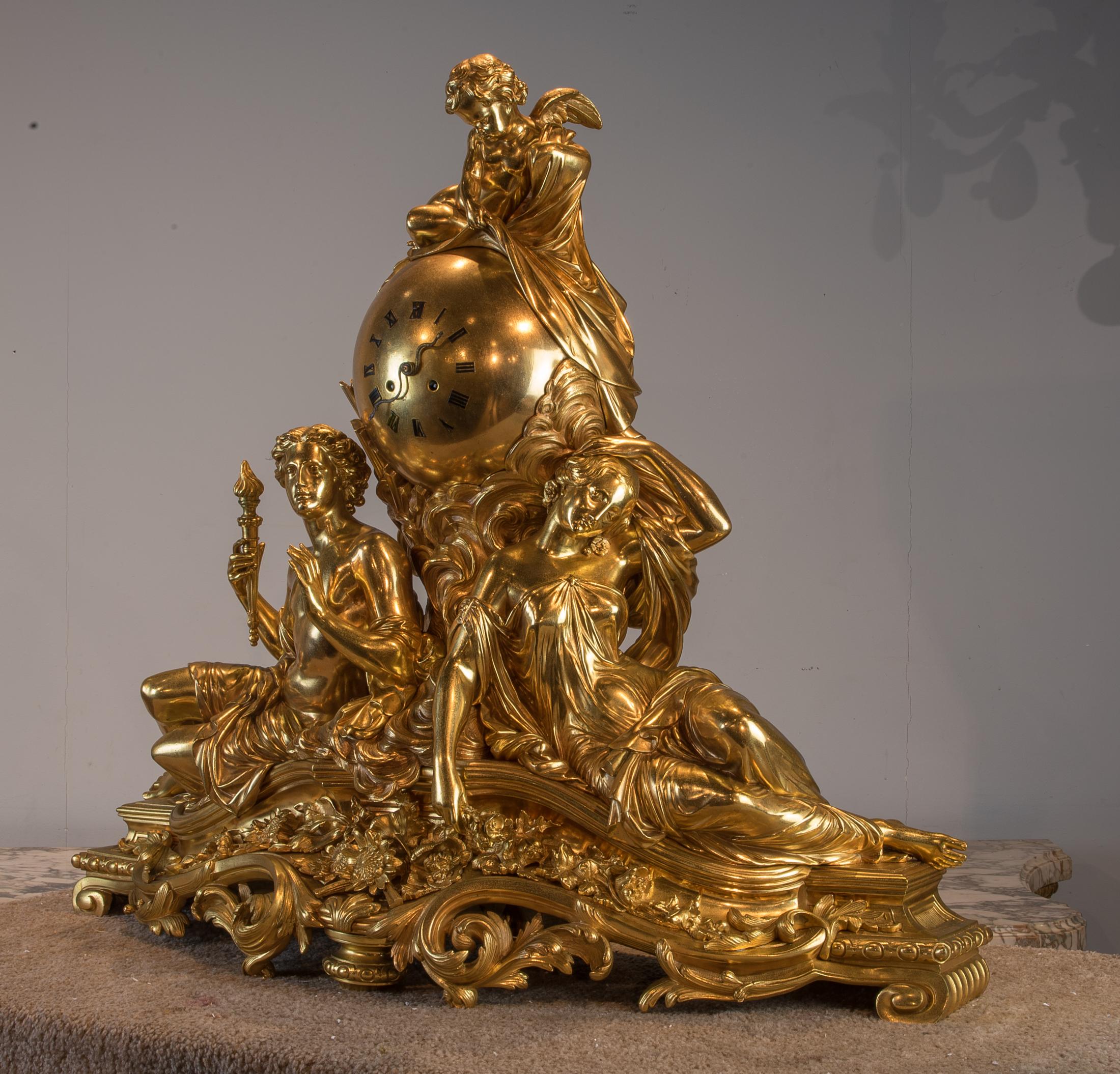 The globe-form clock case surmounted by a putto and flanked by allegorical figures, on a spreading base cast with floral garlands.

Origin: French
Date: 19th century
Dimension: 30 in x 34 1/2 in x 10 1/2 in.
