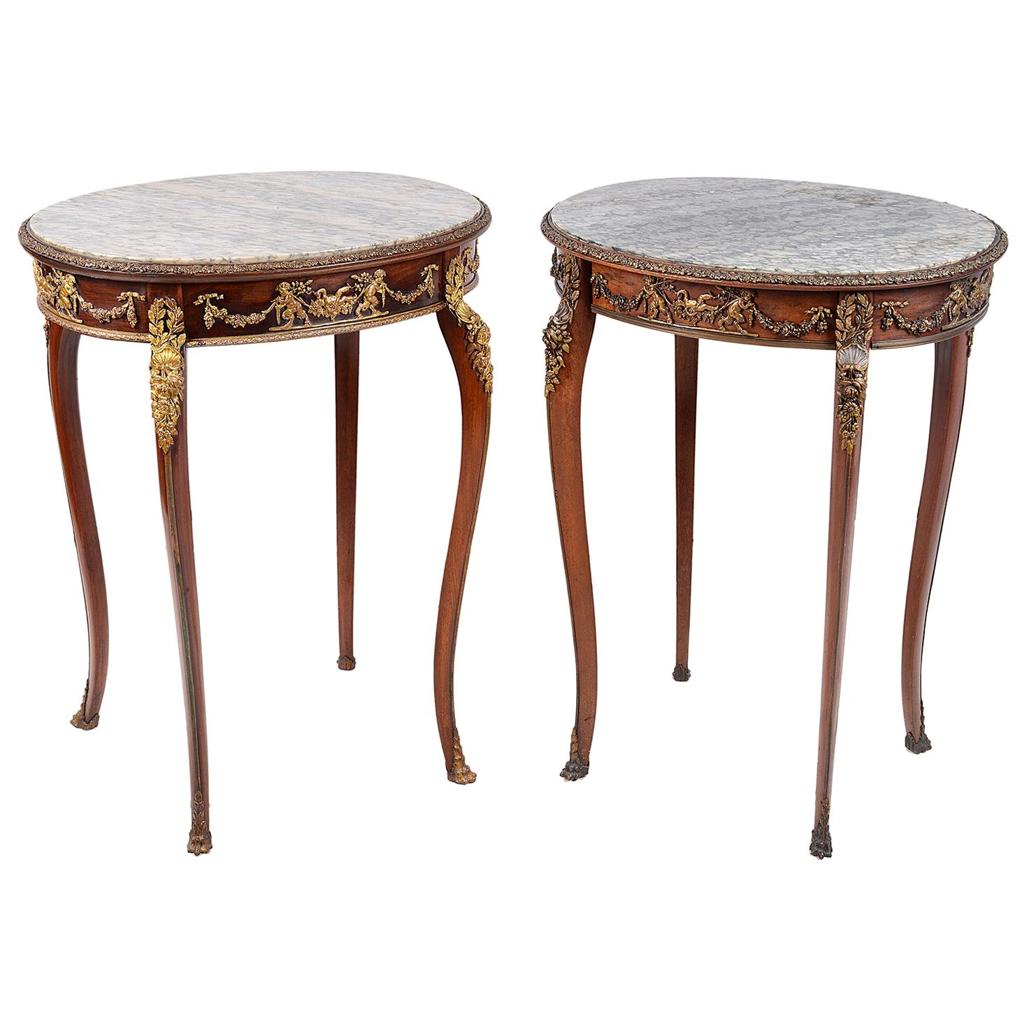 Fine Quality Near Pair French Marble Topped Side Tables. in the Manner of Linke