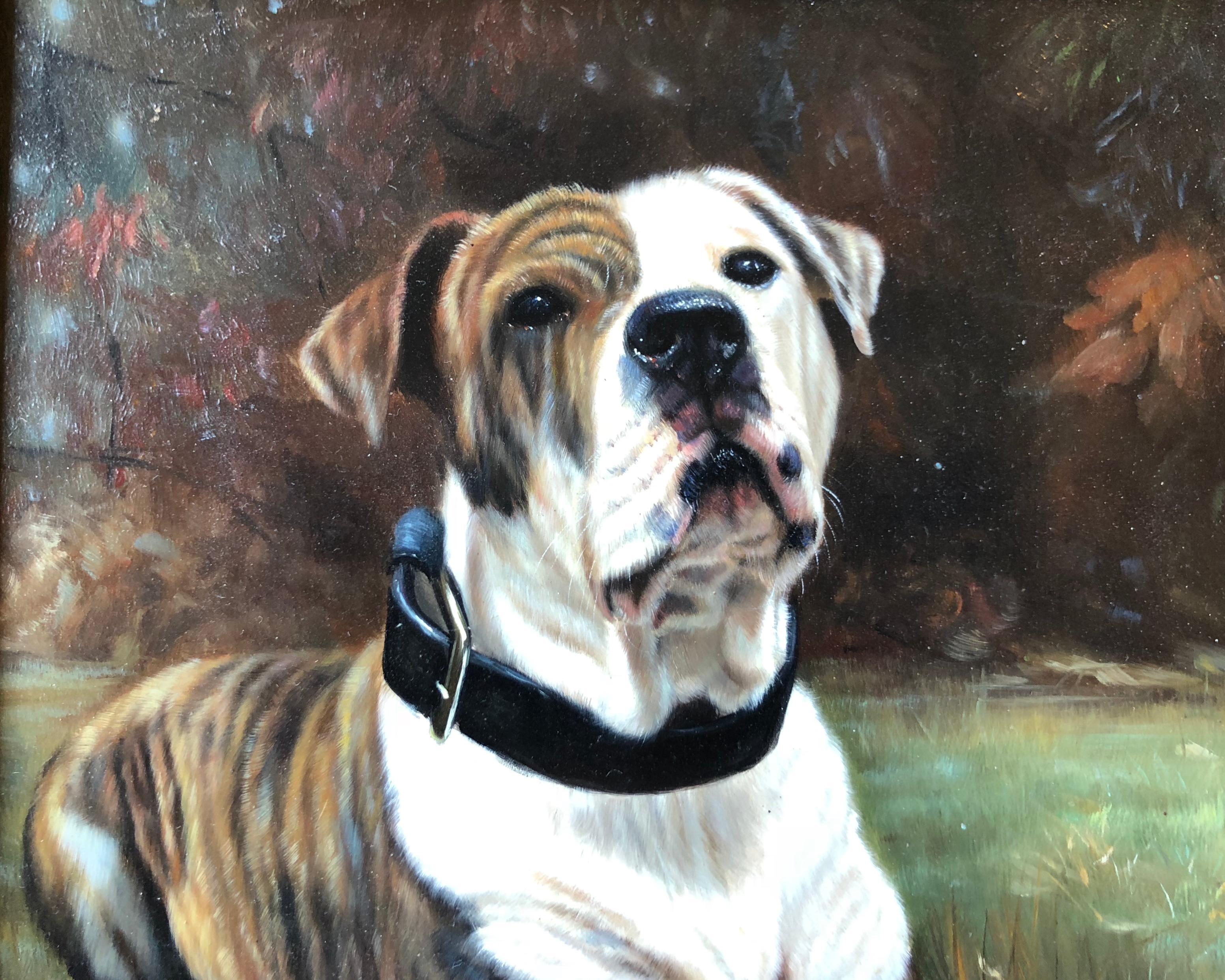 Cette peinture originale à l'huile sur carton, signée par l'artiste français Girard, représente un bouledogue américain allongé sur l'herbe, avec des yeux brillants, une expression alerte et un pelage luxuriant et complet avec de minuscules poils