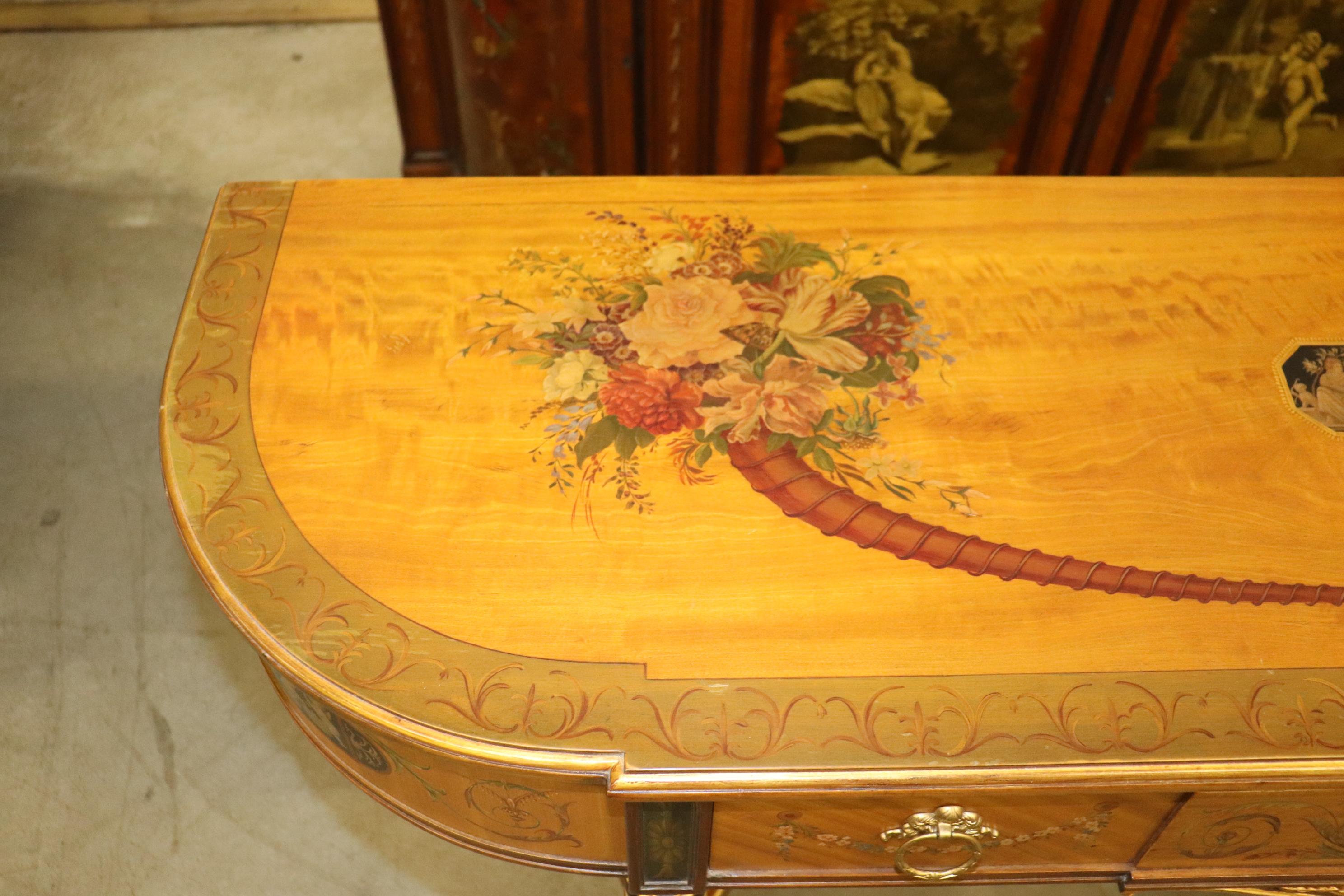 English Fine Quality Paint Decorated Adams Satinwood Demilune Console Tables Circa 1900 For Sale