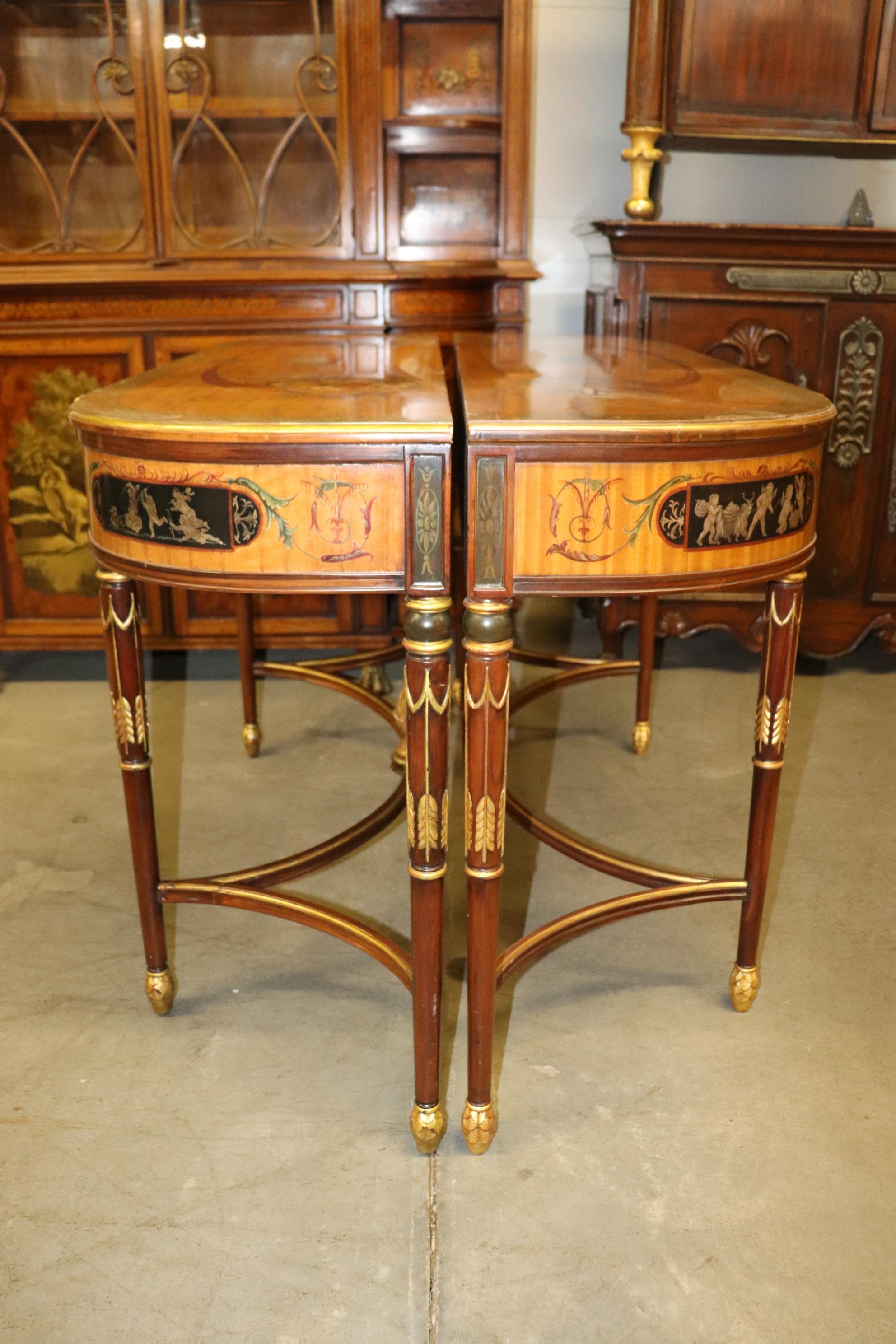 Fine Quality Paint Decorated Adams Satinwood Demilune Console Tables Circa 1900 In Good Condition For Sale In Swedesboro, NJ