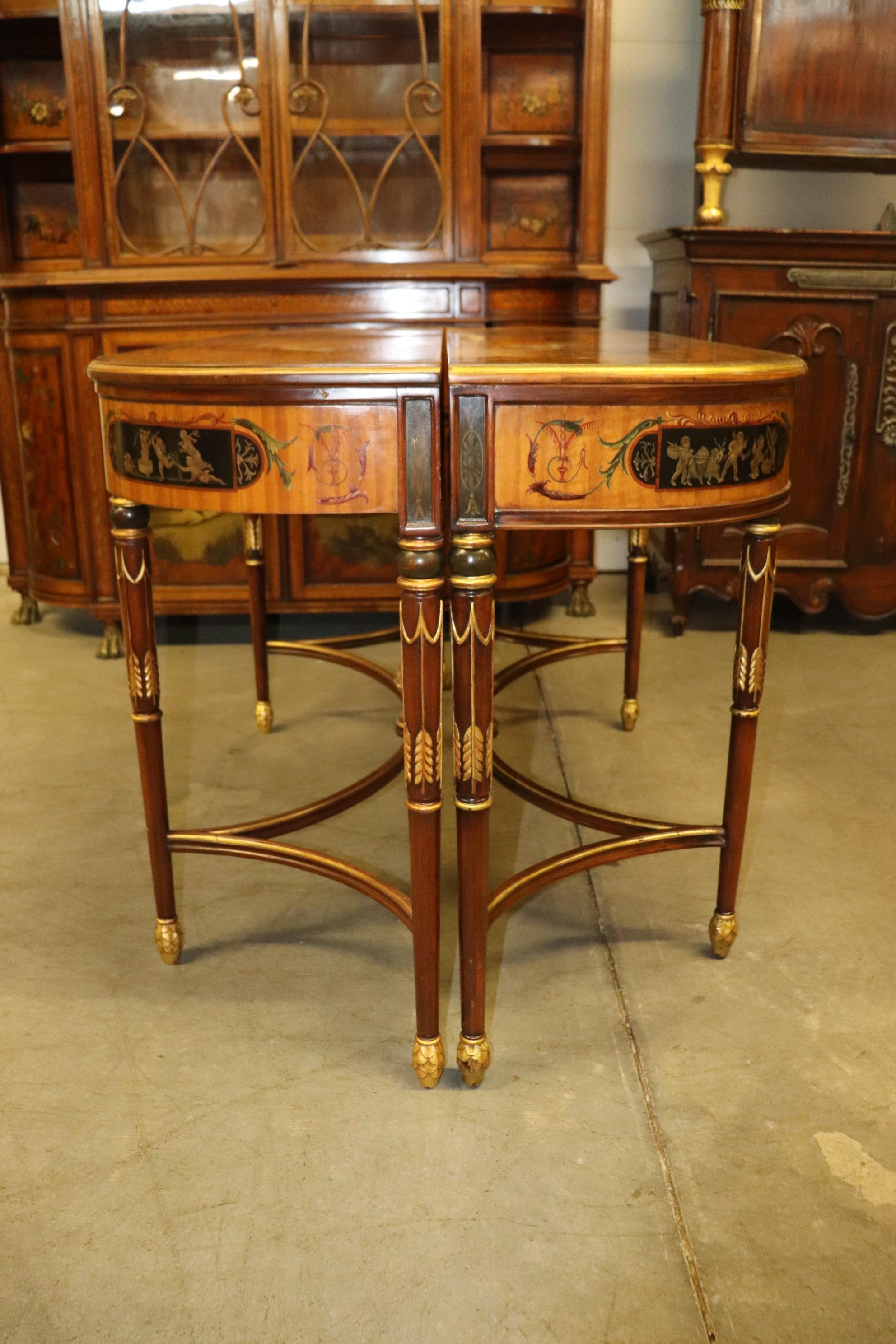 Early 20th Century Fine Quality Paint Decorated Adams Satinwood Demilune Console Tables Circa 1900 For Sale