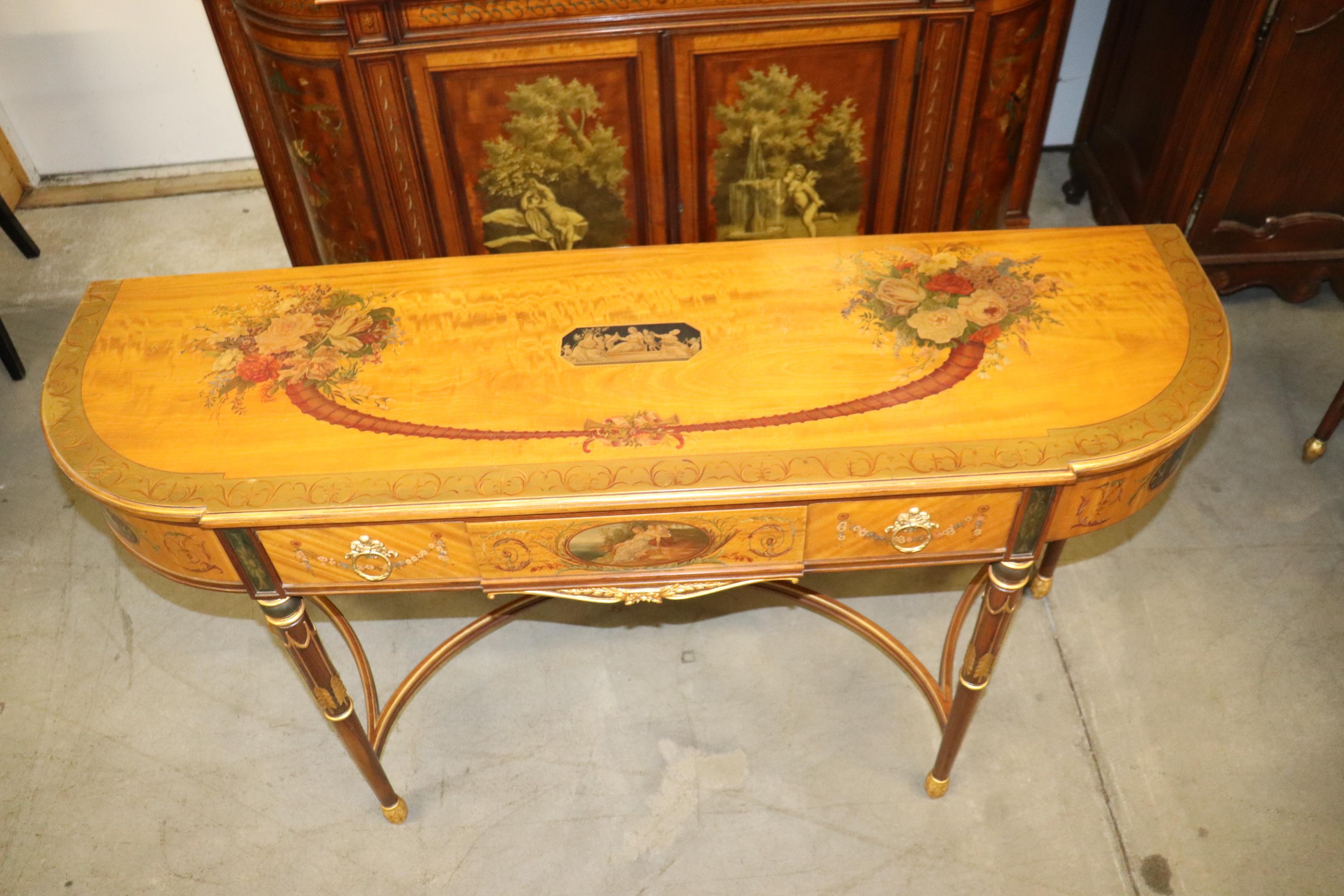 Fine Quality Paint Decorated Adams Satinwood Demilune Console Tables Circa 1900 For Sale 1