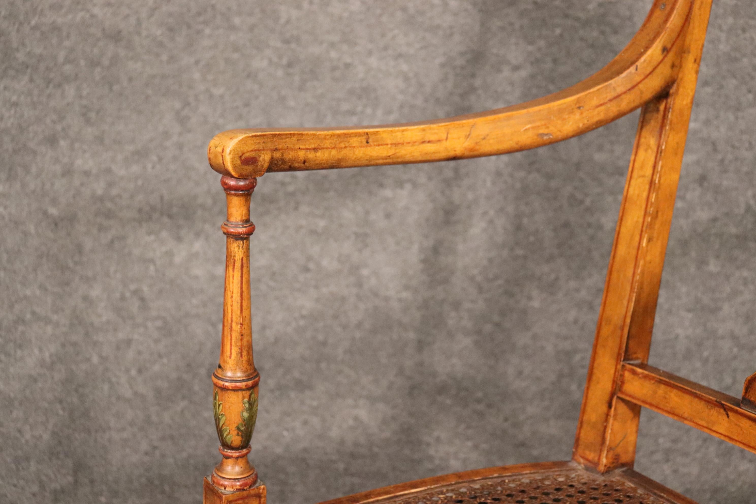 Fine Quality Paint Decorated English Satinwood Adams Cane Armchair Circa 1920 For Sale 10