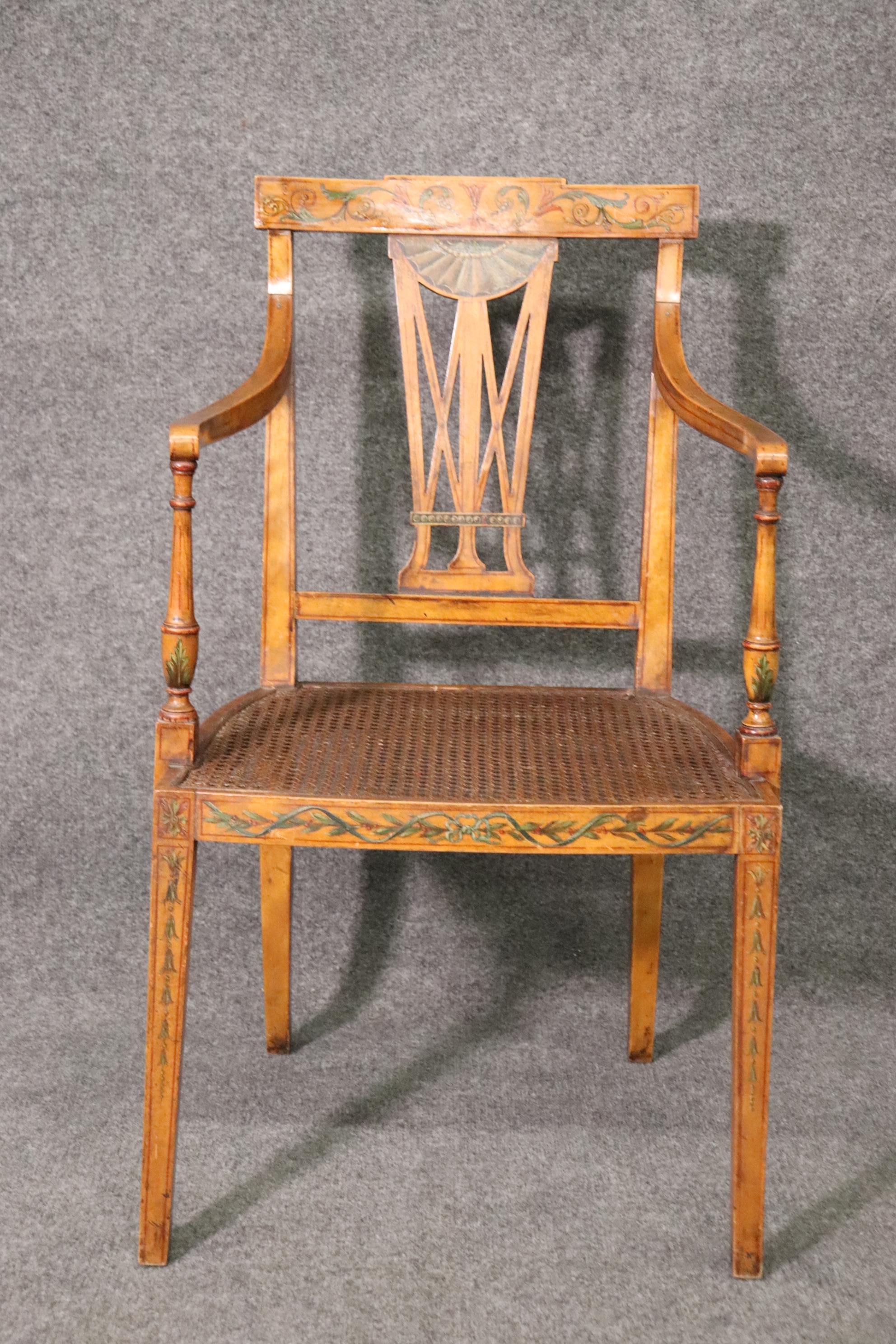 Adam Style Fine Quality Paint Decorated English Satinwood Adams Cane Armchair Circa 1920 For Sale