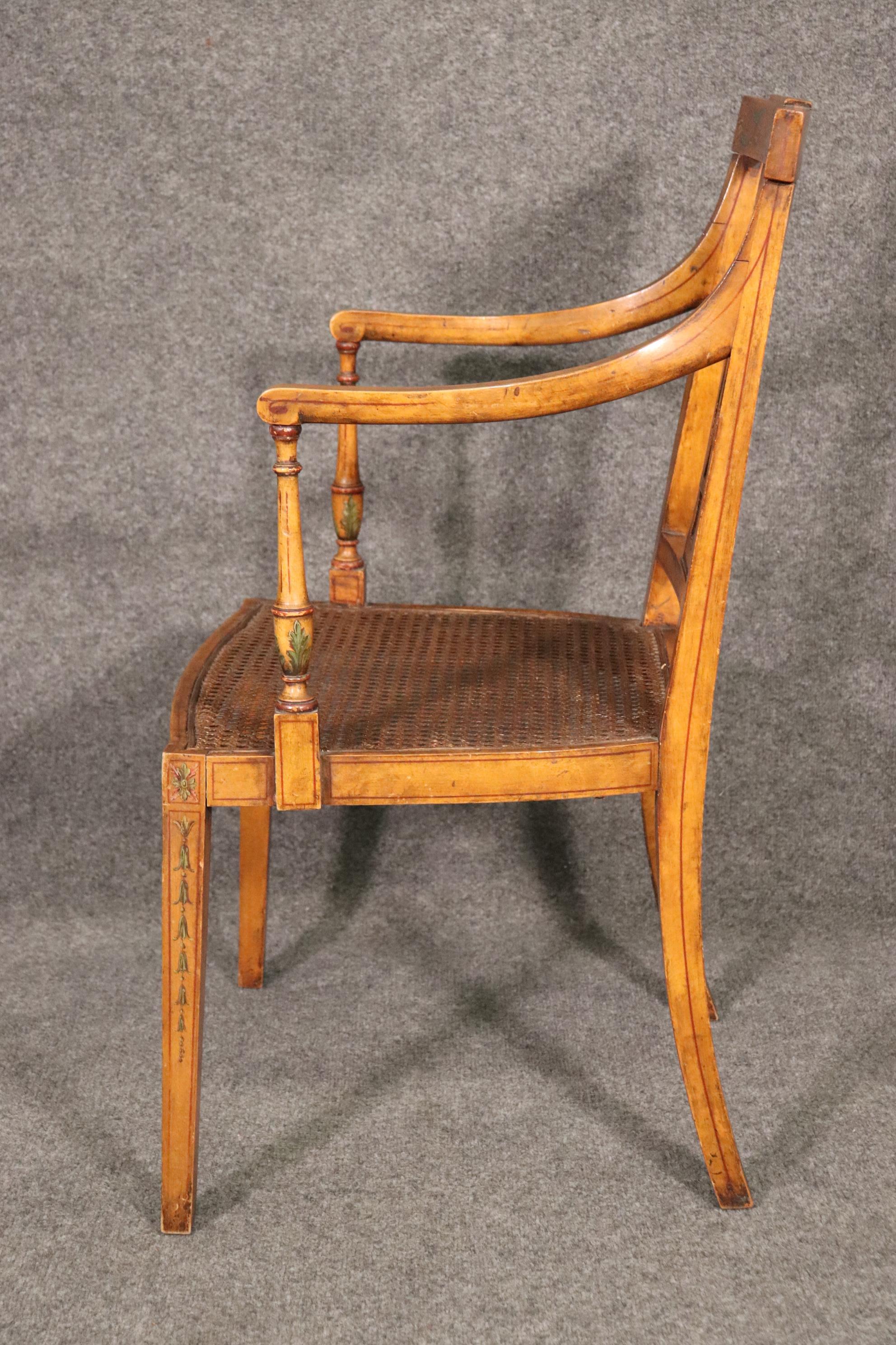 Early 20th Century Fine Quality Paint Decorated English Satinwood Adams Cane Armchair Circa 1920 For Sale