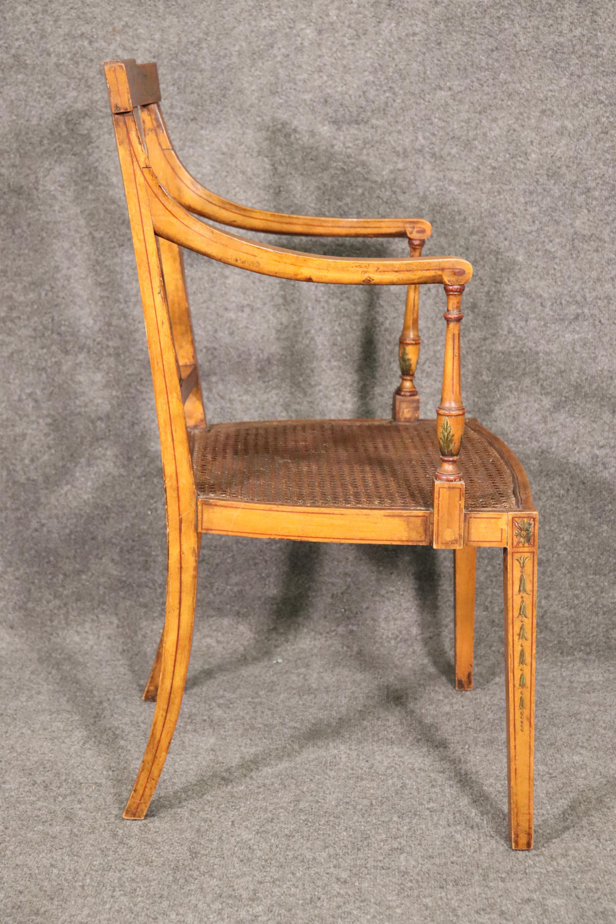Fine Quality Paint Decorated English Satinwood Adams Cane Armchair Circa 1920 For Sale 2