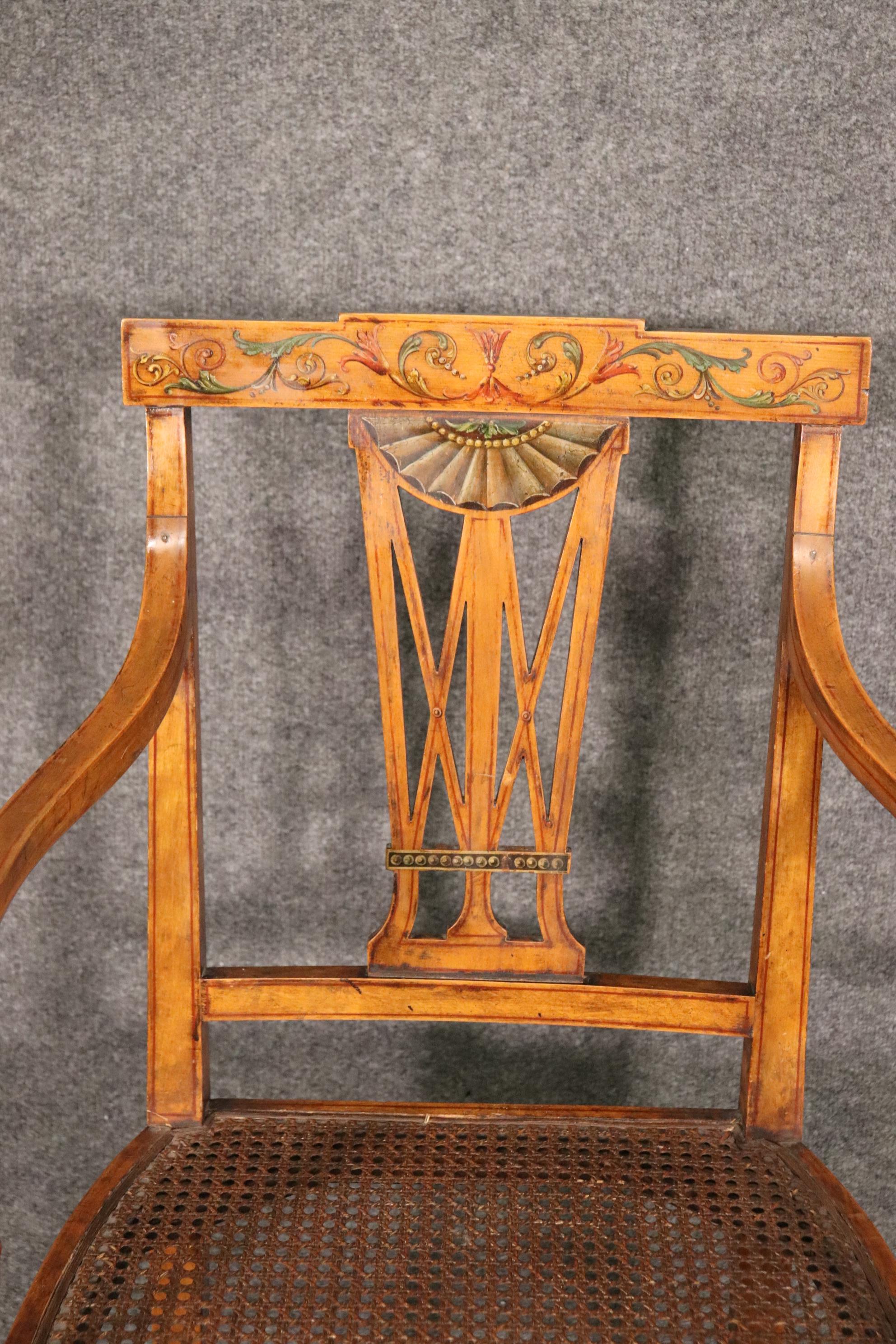 Fine Quality Paint Decorated English Satinwood Adams Cane Armchair Circa 1920 For Sale 3