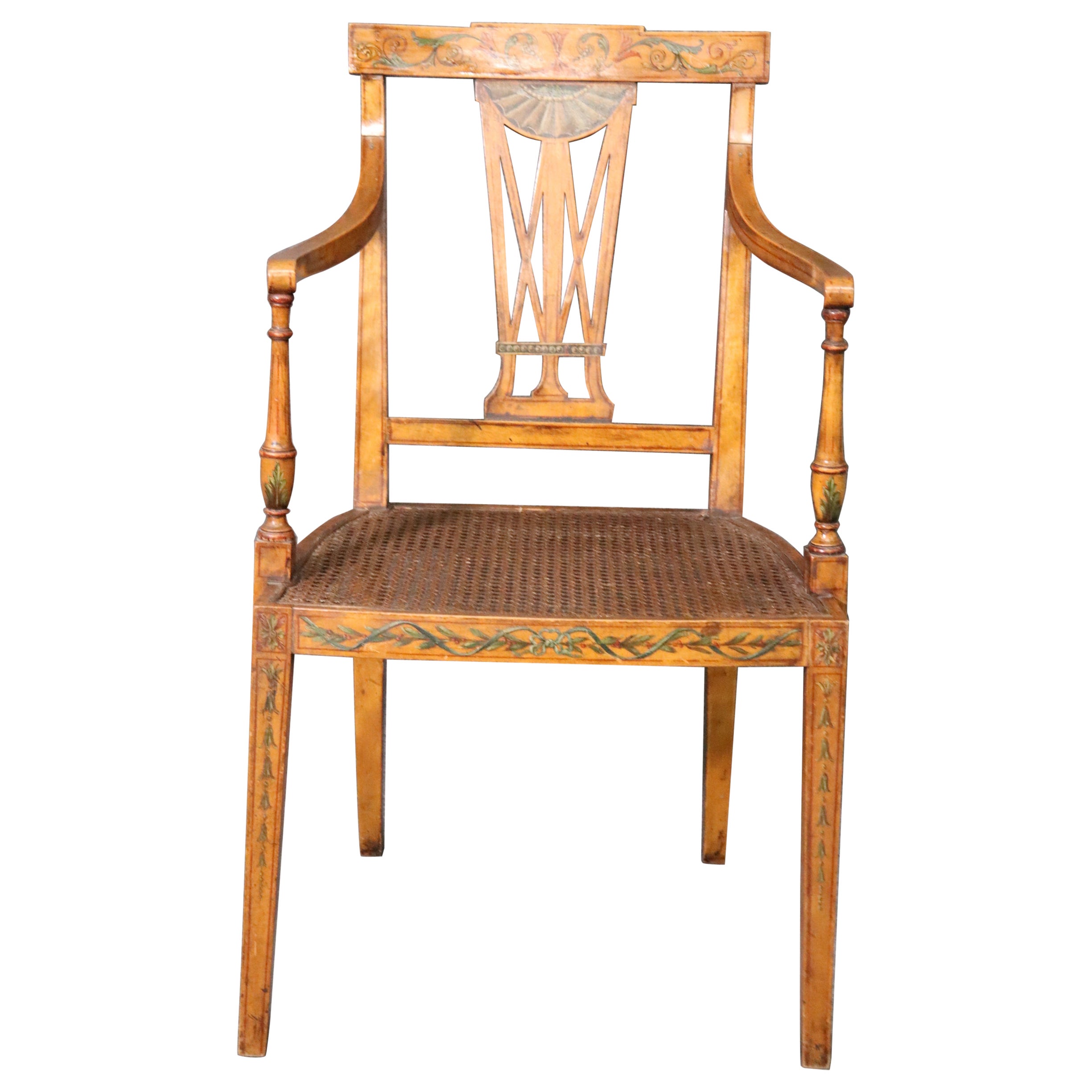Hochwertiger, mit Farbe verzierter englischer Satinholz Adams Cane Armchair CIRCA 1920