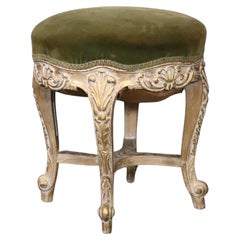 Vintage Fine Quality Paint Decorated French Louis XV Olive Velvet Footstool