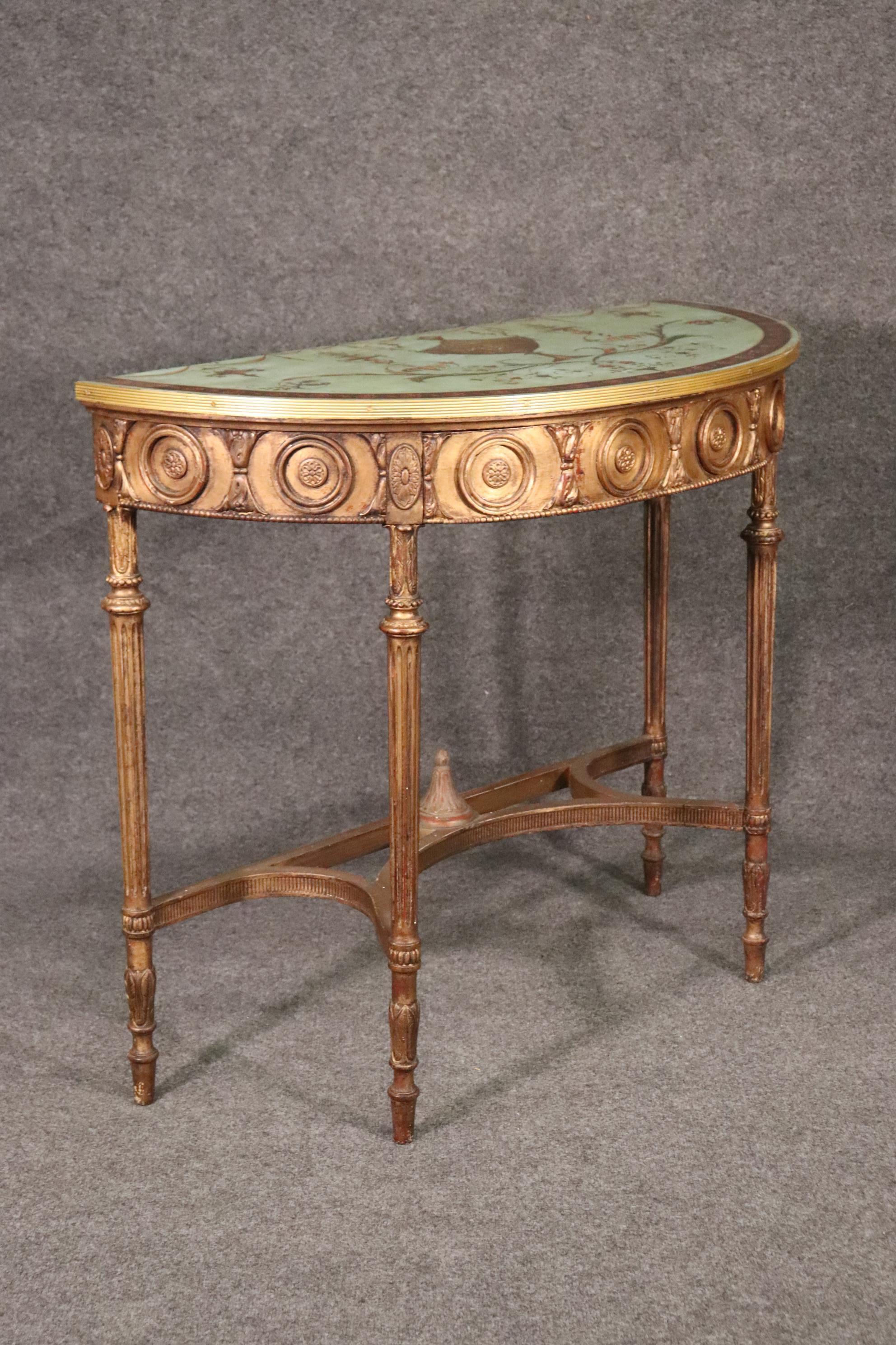 English Fine Quality Paint Decorated Gilded Adams Demilune Console Table, Circa 1890 For Sale